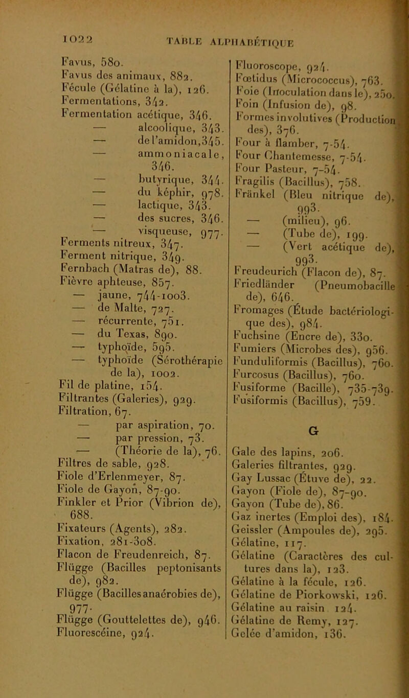 10132 TA1ÎLE AEP1I AIîÉTIOUE Favus, 58o. Favus dos animaux, 882. Fécule (Gélatine à la), 126. Fermentations, 342. Fermentation acétique, 346. — alcoolique, 343. — de l’amidon,345. ammoniacale, 346. butyrique, 344- — du képhir, 978. — lactique, 343. — des sucres, 346. — visqueuse, 977. Ferments nitreux, 347. Ferment nitrique, 349. Fernbach (Matras de), 88. Fièvre aphteuse, 857. — jaune, 744-ioo3. — de Malte, 727. — récurrente, 761. — du Texas, 890. — typhoïde, 5g5. — typhoïde (Sérothérapie de la), 1002. Fil de platine, 154- Filtrantes (Galeries), 929. Filtration, 67. par aspiration, 70. — par pression, 73. — (Théorie de la), 76. Filtres de sable, 928. Fiole d’Erlenmeyer, 87. Fiole de Gayon, 87-90. Finkler et Prior (Vibrion de), 688. Fixateurs (Agents), 282. Fixation, 28i-3o8. Flacon de Freudenreich, 87. Flügge (Bacilles peptonisants de), 982. Flügge (Bacillesanaérobies de), ^ 977- Flügge (Gouttelettes de), g46. Fluorescéine, 924. Fluoroscope, 924. l'œlidus (Micrococcus), 763. Foie (Inoculation dans le), 200. Foin (Infusion de), 98. Formes involutives (Production des), 376. Four à llamber, 7-54. Four Ohantemesse, 7-54 - Four Pasteur, 7-54. Fragilis (Bacillus), 768. Frânkel (Bleu nitrique de),- 993- — (milieu), 96. — (Tube de), 199. — (Vert acétique de), 993. Freudeurich (Flacon de), 87. ■ Friedlander (Pneumobacille de), 646._ l'romages (Étude bactériologi- que des), 984. Fuchsine (Encre de), 33o. Fumiers (Microbes des), g56. Funduliformis (Bacillus), 760. Furcosus (Bacillus), 760. Fusiforme (Bacille), 735-739. Fusiformis (Bacillus), 759. G Gale des lapins, 206. Galeries filtrantes, 929. Gay Lussac (Étuve de), 22. Gayon (Fiole de), 87-go. Gayon (Tube de), 86. Gaz inertes (Emploi des), 184- Geissler (Ampoules de), 296. Gélatine, 117. Gélatine (Caractères des cul- tures dans la), 123. Gélatine à la fécule, 126. Gélatine de Piorkowski, 126. Gélatine au raisin 124- Gélatine de Rcmy, 127. Gelée d’amidon, 136.