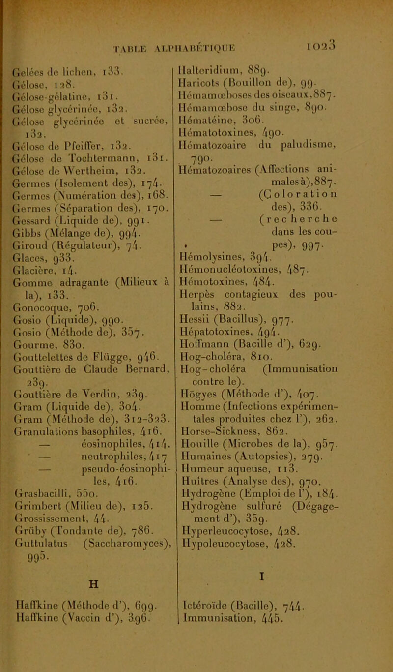 w TABLE Gelées do lichen, i33. Gélose, i :<8. Gélose-gélatine, i3i. Gélose glyeérinée, i3:i. Gélose glyeérinée et sucrée, i3a. Gélose do Pfeiffer, i3a. Gélose de Tochtermann, i3i. Gélose deWertheim, i3a. Germes (Isolement des), 17/1. Germes (Numération des), i(38. Germes (Séparation des), 170. Gessard (Liquide de), 991. Gibbs (Mélange de), 99/1. Giroud (Régulateur), 74. Glaces, 933. Glacière, i4- Gomme adragante (Milieux à la), 133. Gonocoque, 706. Gosio (Liquide), 990. Gosio (Méthode de), 307. Gourme, S3o. Gouttelettes de FUigge, g46. Gouttière de Claude Bernard, 23g. Gouttière de Verdin, 23g. Gram (Liquide de), 3o4- Gram (Méthode de), 3i2-3a3. Granulations basophiles, 416. — éosinophiles, 414. neutrophiles, 417 — pseudo-éosinophi- les, 4 16. Grasbacilli, 55o. Grimbcrt (Milieu de), ia5. Grossissement, 44- Grtiby (Tondante de), 786. Guttulatus (Saccluiromyces), 995- H HafTkine (Méthode d’), G99. Ilaffkine (Vaccin d’), 3gG. ALPHABÉTIQUE 102.3 llaltoridium, 889. Haricots (Bouillon de), 99. Hémamœboses des oiseaux,887. llémamœbose du singe, 890. Hémaléine, 3o(i. Hématotoxines, 4go. Hématozoaire du paludisme, 79°- Hématozoaires (Affections ani- males à),887. — (Coloration des), 33G. — (recherche dans les cou- • . Pcs)’ 997- Ilémolysines, 394- LIémonucléotoxines, 487. Hémotoxines, 484 - Herpès contagieux des pou- lains, 882. Hessii (Bacillus), 977. Hépatotoxines, 49-4- Hoffmann (Bacille d’), 62g. Hog-choléra, 810. Hog-choléra (Immunisation contre le). Ilôgyes (Méthode d’), 407. Homme (Infections expérimen- tales produites chez T), 262. Horse-Sickness, 862. Houille (Microbes de la), 957. Humaines (Autopsies), 279. Humeur aqueuse, 113. bltiitres (Analyse des), 970. Hydrogène (Emploi de 1’), 184 - Hydrogène sulfuré (Dégage- ment d’), 35g. Hyperleucocytose, 428. Hypoleucocytose, 428. I Ictéroïde (Bacille), 744- Immunisation, 445.