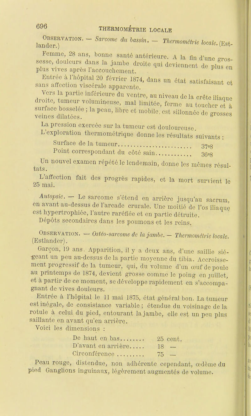 La pression exercée sur la tumeur est douloureuse L'exploration thermométrique donne les résultats suivants : Surface de la tumeur 3-og Point correspondant du côté sain [ 2Q<>8 Un nouvel examen répété le lendemain, donne les mêmes résul- L'affection fait des progrès rapides, et la mort survient le Autopsie. - Le sarcome s'étend en arrière jusqu'au sacrum en avant au-dessus de l'arcade crurale. Une moitié de l'os iliaque est hypertrophiée, l'autre raréfiée et en partie détruite. Dépôts secondaires dans les poumons et les reins. Observation. — Ostéo-sarcome de la jambe. - Thermomélrie locale. (Estlander). Garçon, 19 ans. Apparition, il y a deux ans, d'une saillie sié- geant un peu au-dessus de la partie moyenne du tibia. Accroisse- ment progressif de la tumeur, qui, du volume d'un œuf de poule au printemps de 1874, devient grosse comme le poing en juillet, et à partir de ce moment, se développe rapidement en s'accompa- gnant de vives douleurs. Entrée à l'hôpital le 11 mai 1875, état général bon. La tumeur est inégale, de consistance variable; étendue du voisinage de la rotule à celui du pied, entourant la jambe, elle est un peu plus saillante en avant qu'en arrière. Voici les dimensions : Peau rouge, distendue, non adhérente cependant, œdème du pied Ganglions inguinaux, légèrement augmentés de volume. 25 mai. De haut en bas... D'avant en arrière Circonférence 25 cent 18 — 75 —