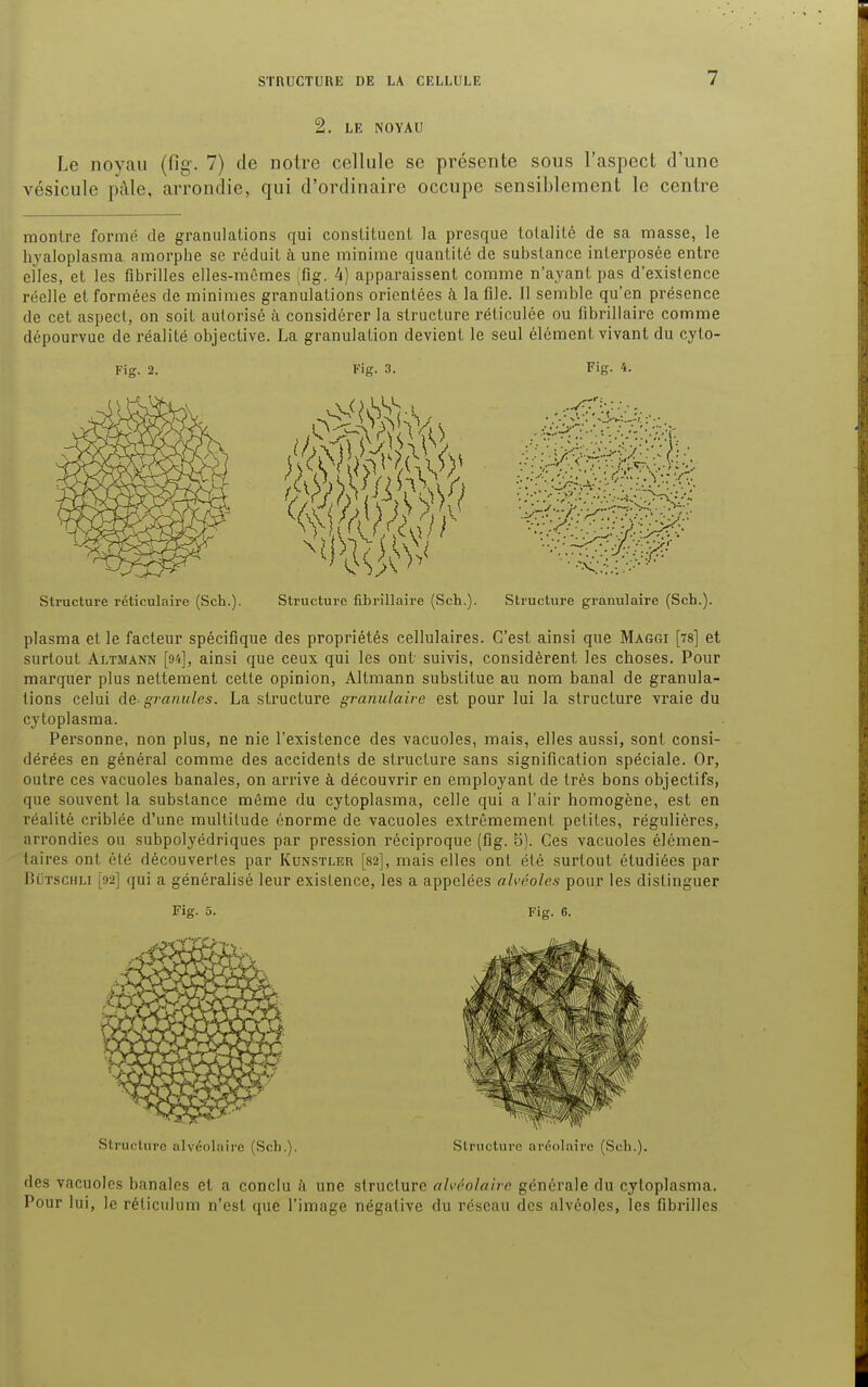 2. LE NOYAU Le noyau (fig. 7) de notre cellule se présente sous l'aspect d'une vésicule pâle, arrondie, qui d'ordinaire occupe sensiblement le centre montre formé de granulations qui constituent la presque totalité de sa masse, le livaloplasma amorphe se réduit à une minime quantité de substance interposée entre elles, et les fibrilles elles-mêmes (fig. 4) apparaissent comme n'ayant pas d'existence réelle et formées de minimes granulations orientées à la file. Il semble qu'en présence de cet aspect, on soit autorisé à considérer la structure réticulée ou fibrillaire comme dépourvue de réalité objective. La granulation devient le seul élément vivant du cyto- Fig. 2. Fig. 3. Fig. 4. Structure réticulaire (Sch.). Structure fibrillaire (Sch.). Structure granulaire (Sch.). plasma.et le facteur spécifique des propriétés cellulaires. C'est ainsi que Maggi [78] et surtout Altmann [94], ainsi que ceux qui les ont suivis, considèrent les choses. Pour marquer plus nettement cette opinion, Altmann substitue au nom banal de granula- tions celui de granules. La structure granulaire est pour lui la structure vraie du cytoplasma. Personne, non plus, ne nie l'existence des vacuoles, mais, elles aussi, sont consi- dérées en général comme des accidents de structure sans signification spéciale. Or, outre ces vacuoles banales, on arrive à découvrir en employant de très bons objectifs, que souvent la substance même du cytoplasma, celle qui a l'air homogène, est en réalité criblée d'une multitude énorme de vacuoles extrêmement petites, régulières, arrondies ou subpolyédriques par pression réciproque (fig. 5). Ces vacuoles élémen- taires ont été découvertes par Kunstler [82], mais elles ont été surtout étudiées par Butschli [92] qui a généralisé leur existence, les a appelées alvéoles pour les distinguer Fig. 5. Fig. 6. Structure alvéolaire (Sch.). Slruelure aréolaire (Sch.). des vacuoles banales et a conclu à une structure alvéolaire générale du cytoplasma. Pour lui, le réticulum n'est que l'image négative du réseau des alvéoles, les fibrilles