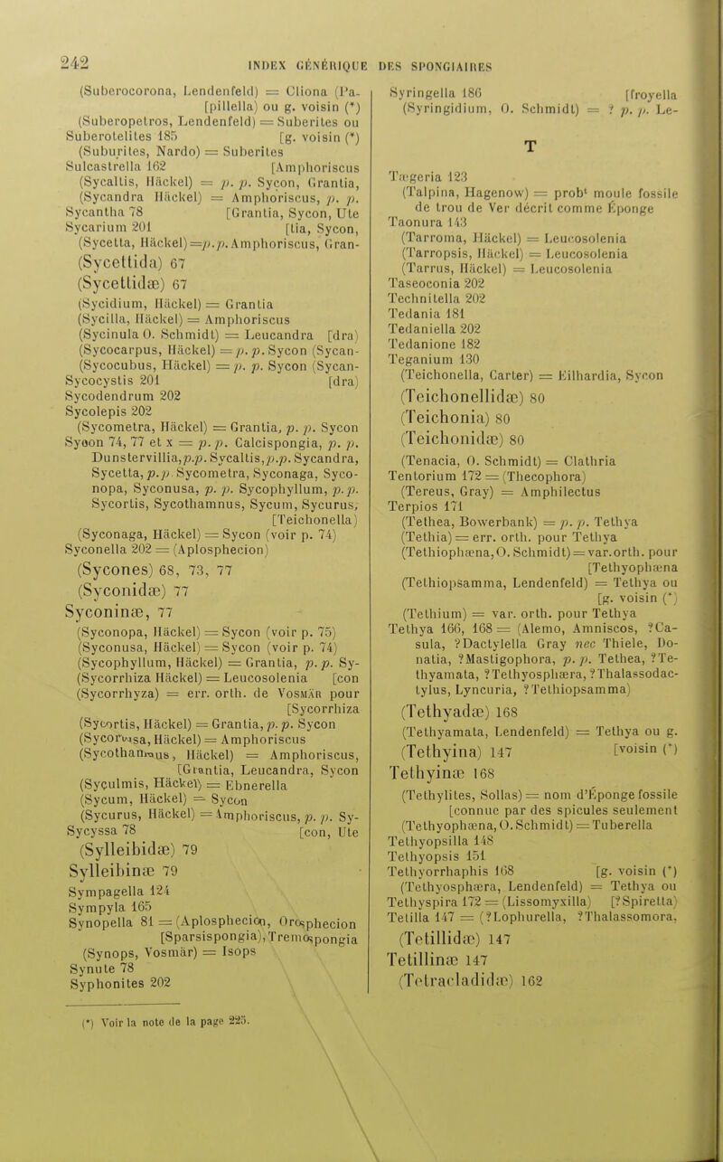 (Suberocorona, Lendenfeld) == Gliona (l'a- [pillella) ou g. voisin (*) (Suberopetros, Lendenfeld) = Suberites ou Suberotelites 185 [g. voisin (*) (Subu.rites, Nardo) = Suberites Sulcastrella 162 [Amplioriscus (Sycaltis, Hâckel) = p. p. Sycon, Grantia, (Sycandra Hiickel) = Amplioriscus, p. p. Sycantha 78 [Grantia, Sycon, Ute Sycarium 201 [lia, Sycon, Sycetta, Hâckel) =//.//. Amplioriscus, Gran- (Sycettida) 67 (Sycettidœ) 67 (Sycidium, Hâckel) =Granlia (Sycilla, Hiickel) = Amplioriscus (SycinulaO. Schmidt) = Leucandra [dra) (Sycocarpus, Hiickel) = p. p. Sycon (Sycan- (Sycocubus, Hiickel) = p. p. Sycon (Sycan- Sycocystis 201 [dra) Sycodendrum 202 Sycolepis 202 (Sycometra, Hiickel) = Grantia, p. p. Sycon Syoon 74, 77 et x = p.p. Calcispongia, p. p. Dunstervillia,p.p. Sycaltis,p.p. Sycandra, Sycetta, p.p. Sycometra, Syconaga, Syco- nopa, Syconusa, p. p. Sycophyllum, p.p. Sycortis, Sycothamnus, Sycum, Sycurus, [Teichonella) (Syconaga, Hâckel) = Sycon (voir p. 74) Syconella 202 = (Aplosphecion) (Sycones) 68, 73, 77 (Syconidœ) 77 Syconinœ, 77 (Syconopa, Hâckel) = Sycon (voir p. 75) (Syconusa, Hâckel) = Sycon (voir p. 74) (Sycophyllum, Hâckel) = Grantia, p.p. Sy- (Sycorrhiza Hâckel) — Leucosolenia [con (Sycorrhyza) = err. orth. de Vosmàr pour [Sycorrhiza (Sycortis, Hâckel) = Grantia, p. p. Sycon (SycoriAjsa, Hâckel) = Amplioriscus (Syc,othanrauS; Hâckel) = Amphoriscus, [Giantia, Leucandra, Sycon (Syçulmis, Hâckel) = Ebnerella (Sycum, Hâckel) — Sycon (Sycurus, Hâckel) = lmplioriscus, p. p. Sy- Sycyssa 78 [con, Ute (Sylleibidse) 79 Sylleibinœ 79 Sympagella 124 Sympyla 165 Synopella 81 = (Aplosphecion, Orosphecion [Sparsispongia), Tremospongia (Synops, Vosmâr) = Isops Synute 78 Syphonites 202 Syringella 186 [froyella (Syringidium, O. Schmidt) = 1 p. p. Le- T Tœgeria 123 (Talpina, Hagenow) = prob' moule fossile de trou de Ver décrit comme Éponge ïaonura 143 (Tarroma, Hâckel) = Leucosolenia (Tarropsis, Hâckel) = Leucosolenia (Tarrus, Hâckel) = Leucosolenia Taseoconia 202 Technitella 202 Tedania 181 'l'edaniella 202 Tedanionc 182 Teganium 130 (Teichonella, Carter) = Eilhardia, Sycon (Tcichonellidac) 80 (Teichonia) 80 (Teichonidœ) 80 (Tenacia, O. Schmidt) = Clathria Tentorium 172 = (Thecophora) (Tereus, Gray) = Amphilectus Terpios 171 (Tethea, Bowerbank) = p. p. Tethya (Tethia) = err. orth. pour Tetliya (Tethiopha?na,0. Schmidt) = var.ortli. pour [Tethyoplia-na (Tethiopsamma, Lendenfeld) = Tethya ou [g. voisin (* (Tethium) = var. orth. pour Tethya Tethya 166, 168 = (Alemo, Amniscos, ?Ca- sula, ?Dactylella Gray nec Thiele, Uo- natia, ?Mastigophora, p.p. Tethea, ?Te- thyamata, TTelhyosphœra, ?Thalassodac- tylus, Lyncuria, ? Tethiopsamma) (Tethyadse) 168 (Tethyamata, Lendenfeld) = Tethya ou g. (Tethyina) 147 [yoisin (*) TethyinaB 168 (Tethylites, Sollas)= nom d'Épongé fossile [connue par des spicules seulement (Tethyophfena, O. Schmidt) = Tuberella Tethyopsilla 148 Tethyopsis 151 Tethyorrhaphis 168 [g. voisin (*) (Tethyosphœra, Lendenfeld) = Tethya ou Tethyspira 172 = (Lissomyxilla) [?Spiretta) Telilla 147 = (?Lophurella, ?Thalassomora, (Tetillida?) 147 Tetillinsc 147 (Tefcracladidse) 162