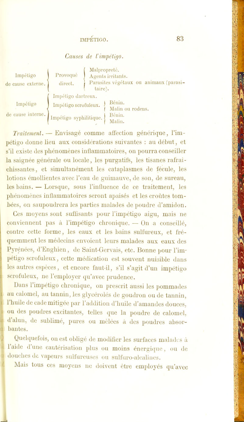 Causes de l'impétigo. Impétigo de cause externe. Provoqué (lii'eet. Malpropreté. Agonis irritants. Parasites végétaux ou animaux (parasi- tau'e). Impétigo Impéligo dai'trcux. Impétigo scrul'uleu.\ ■f. de cause inlernc. Impétigo syphilitique. Bénin. Malin. Traitemenl.— Envisagé comme aflecliou générique, l'im- pétigo donne lieu aux considérations suivantes : au début, et s'il existe des phénomènes inflammatoires, on pourra conseiller la saignée générale ou locale, les purgatifs, les tisanes ralrai- chissantes, et simultanément les cataplasmes de fécule, les lotions émoUientes avec l'eau de guimauve, de son, de sureau, les bains. — Lorsque, sous l'influence de ce traitement, les phénomènes inflammatoires seront apaisés et les croûtes tom- bées, on saupoudrera les parties malades de poudre d'amidon. Ces moyens sont suffisants pour l'impétigo aigu, mais ne conviennent pas à l'impétigo chronique. — On a conseillé, contre cette forme, les eaux et les bains sulfureux, et fré- quemment les médecins envoient leurs malades aux eaux des Pyrénées, d'Enghien, de Saint-Gervais, etc. Bonne jjour l'im- pétigo scrofuleux, cette médication est souvent nuisible dans les autres espèces, et encore faut-il, s'il s'agit d'un impétigo scrofuleux, ne l'employer qu'avec prudence. Dans l'impétigo chronique, on prescrit aussi les pommades au calomel, au tannin, les giycérolés de goudron ou de tainiin, 1 l'huile de cade mitigée par l'addition d'huile d'amandes douces, ' ou des poudres excitantes, telles que la poudre de calomel, d'alun, de sul^limé, pures ou mêlées à des poudres absor- ■ bantes. Quelquefois, on est oljligé de modifier les surfaces maladi s à l'aide d'une cautérisation plus ou moins énergique, ou de douches de vapeui-s sulfureuses ou suifuro-alcahnés. Mais tous ces moyens ne doivent être employés qu'avec