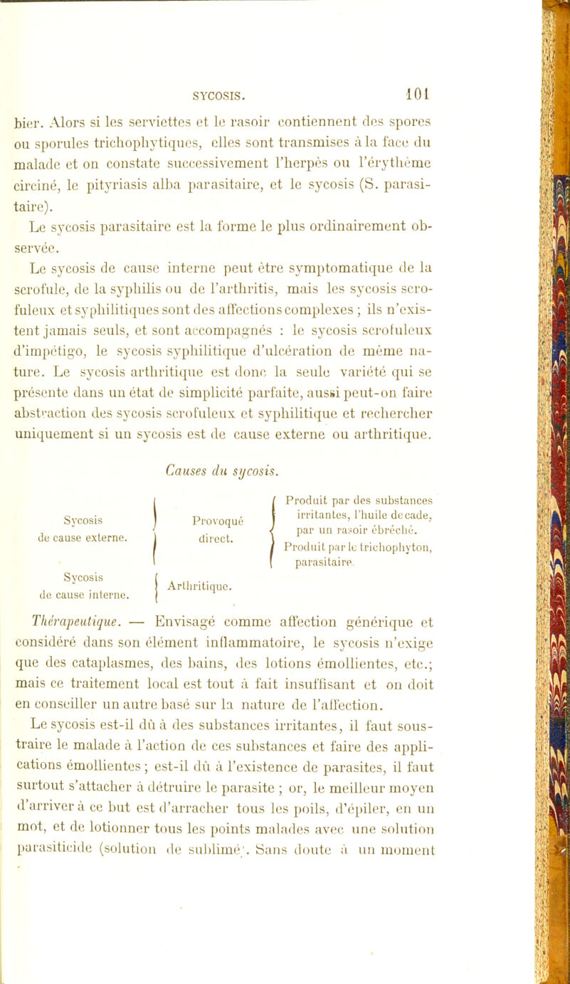 hier. Alors si les serviettes et le rasoir contiennent des spores ou sporules trichopliytiques, elles sont transmises à la face du malade et on constate successivement l'herpès ou l'érythème circiné, le pityriasis alba parasitaire, et le sycosis (S. parasi- taire). Le sycosis parasitaire est la forme le plus ordinairement ob- servée. Le sycosis de cause interne peut être symptomatique de la scrofule, de la syphilis ou de l'arthritis, mais les sycosis scro- fuleux et syphilitiques sont des affections complexes ; ils n'exis- tent jamais seuls, et sont accompagnés : le sycosis scroluleux d'impétigo, le sycosis syphilitique d'ulcération de même na- ture. Le sycosis arthritique est donc la seule variété qui se présente dans un état de simplicité parfaite, aussi peut-on fairi; abst>action des sycosis scrofuleux et syphilitique et rechercher uniquement si un sycosis est de cause externe ou arthritique. Causes du sycosis. Produit par des substances Sycosis ) Provoqué | in'iNantes, l'huile décade, < par un rasoir ébréché. de cause externe. j duect. \ Produit par le trichopliyton, parasitaire. Sycosis de cause interne. Arthritique. Thérapeutique. — Envisagé comme affection générique et considéré dans son élément inflammatoire, le sycosis n'exige que des cataplasmes, des bains, des lotions émollientes, etc.; mais ce traitement local est tout à fait insuffisant et on doit en conseiller un autre basé sur la nature de l'afléction. Le sycosis est-il dû à des substances irritantes, il faut sous- traire le malade à l'action de ces substances et faire des appli- cations émollientes ; est-il dù à l'existence de parasites, il faut surtout s'attacher à détruire le parasite ; or, le meilleur moyen d'arriver à ce but est d'arracher tous les poils, d'épiler, en im mot, et de lotionner tous les points malades avec une solution parasiticide (solution de su])limé'. iSans doute à un moment