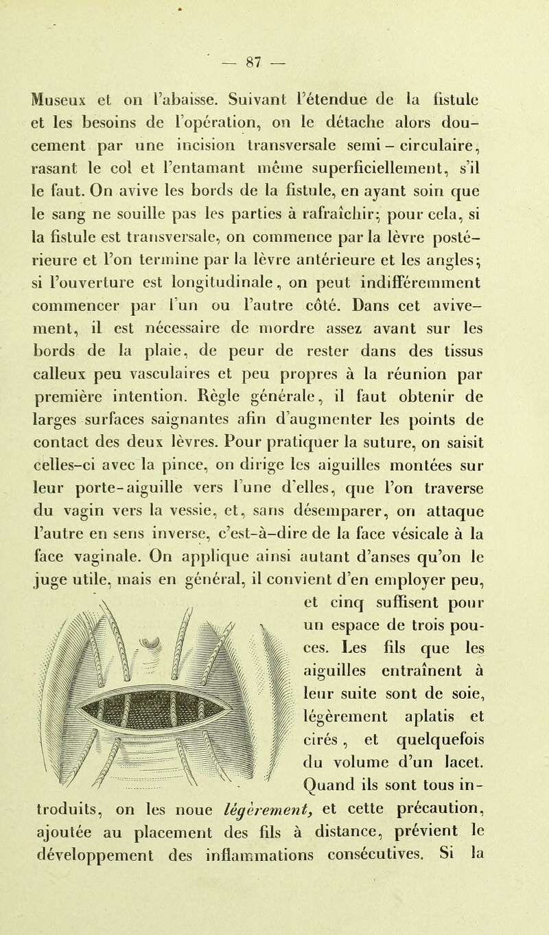 Museux et on l'abaisse. Suivant l'étendue de la fistule et les besoins de l'opération, on le détache alors dou- cement par une incision transversale semi - circulaire, rasant le col et l'entamant même superficiellement, s'il le faut. On avive les bords de la fistule, en ayant soin que le sang ne souille pas les parties à rafraîchir; pour cela, si la fistule est transversale, on commence parla lèvre posté- rieure et l'on termine par la lèvre antérieure et les angles; si l'ouverture est longitudinale, on peut indifféremment commencer par l'un ou l'autre côté. Dans cet avive- ment, il est nécessaire de mordre assez avant sur les bords de la plaie, de peur de rester dans des tissus calleux peu vasculaires et peu propres à la réunion par première intention. Règle générale, il faut obtenir de larges surfaces saignantes afin d'augmenter les points de contact des deux lèvres. Pour pratiquer la suture, on saisit celles-ci avec la pince, on dirige les aiguilles montées sur leur porte-aiguille vers lune d'elles, que l'on traverse du vagin vers la vessie, et, sans désemparer, on attaque l'autre en sens inverse, c'est-à-dire de la face vésicale à la face vaginale. On applique ainsi autant d'anses qu'on le juge utile, mais en général, il convient d'en employer peu, et cinq suffisent pour un espace de trois pou- ces. Les fils que les aiguilles entraînent à leur suite sont de soie, légèrement aplatis et cirés , et quelquefois du volume d'un lacet. Quand ils sont tous in- troduits, on les noue légèrement, et cette précaution, ajoutée au placement des fils à distance, prévient le développement des inflammations consécutives. Si la