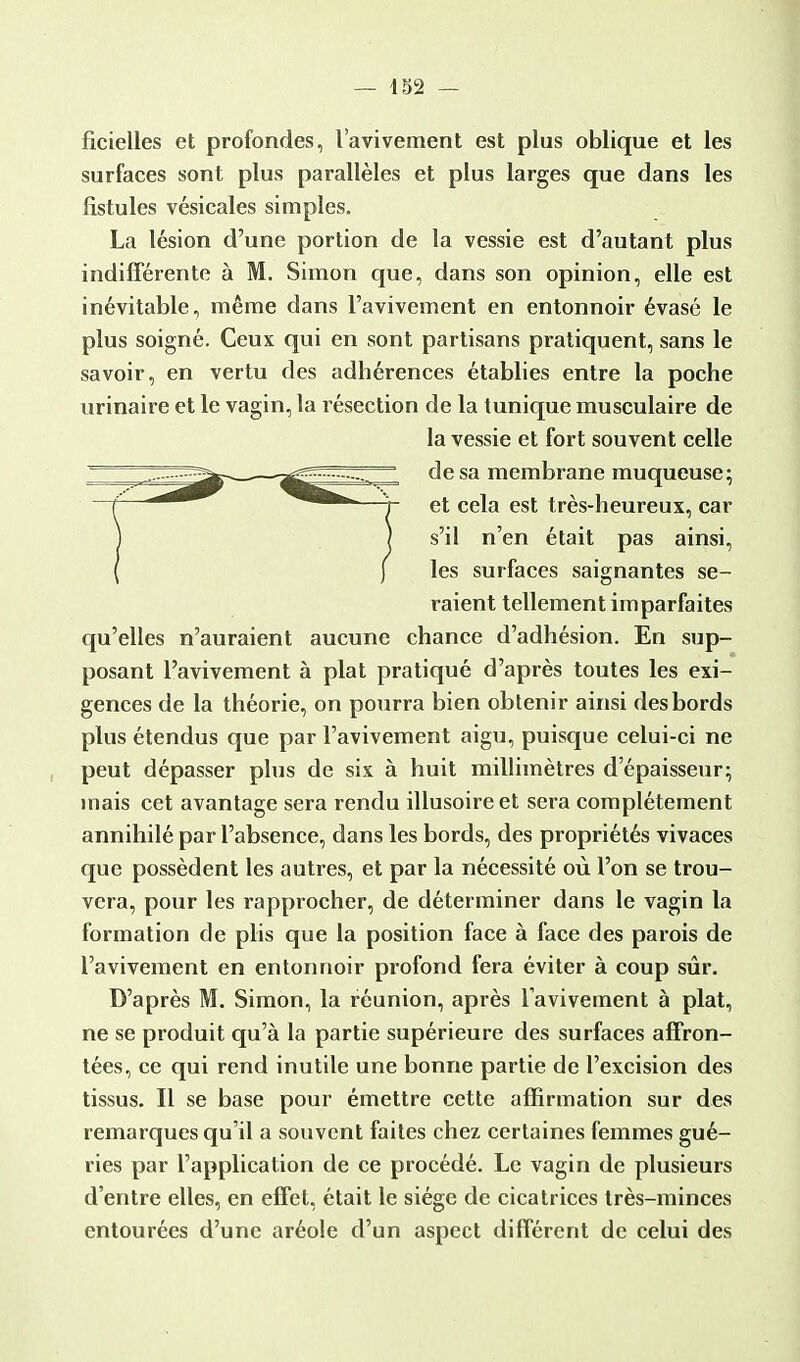 ficielles et profondes, l'avivement est plus oblique et les surfaces sont plus parallèles et plus larges que dans les fistules vésicales simples. La lésion d'une portion de la vessie est d'autant plus indifférente à M. Simon que, dans son opinion, elle est inévitable, même dans l'avivement en entonnoir évasé le plus soigné. Ceux qui en sont partisans pratiquent, sans le savoir, en vertu des adhérences établies entre la poche urinaire et le vagin, la résection de la tunique musculaire de la vessie et fort souvent celle de sa membrane muqueuse; et cela est très-heureux, car s'il n'en était pas ainsi, les surfaces saignantes se- raient tellement imparfaites qu'elles n'auraient aucune chance d'adhésion. En sup- posant l'avivement à plat pratiqué d'après toutes les exi- gences de la théorie, on pourra bien obtenir ainsi des bords plus étendus que par l'avivement aigu, puisque celui-ci ne peut dépasser plus de six à huit millimètres d'épaisseur; mais cet avantage sera rendu illusoire et sera complètement annihilé par l'absence, dans les bords, des propriétés vivaces que possèdent les autres, et par la nécessité où l'on se trou- vera, pour les rapprocher, de déterminer dans le vagin la formation de plis que la position face à face des parois de l'avivement en entonnoir profond fera éviter à coup sûr. D'après M. Simon, la réunion, après raviveraient à plat, ne se produit qu'à la partie supérieure des surfaces affron- tées, ce qui rend inutile une bonne partie de l'excision des tissus. Il se base pour émettre cette affirmation sur des remarques qu'il a souvent faites chez certaines femmes gué- ries par l'application de ce procédé. Le vagin de plusieurs d'entre elles, en effet, était le siège de cicatrices très-minces entourées d'une aréole d'un aspect différent de celui des