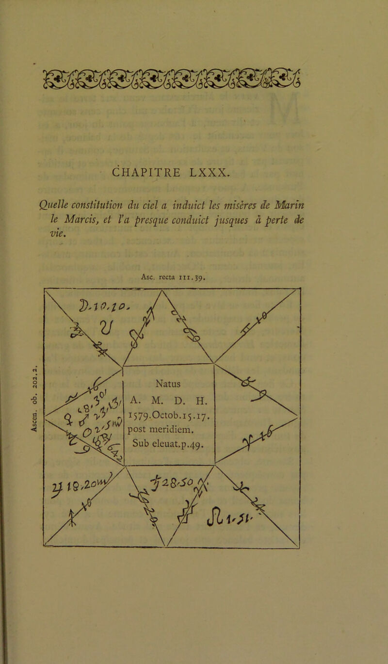 Ascen. ob. 202 Quelle constituiion du ciel a înduict les misères de Marin le Marcis, et l’a presque conduict jusques à perte de vie. Asc. recta 111.39,