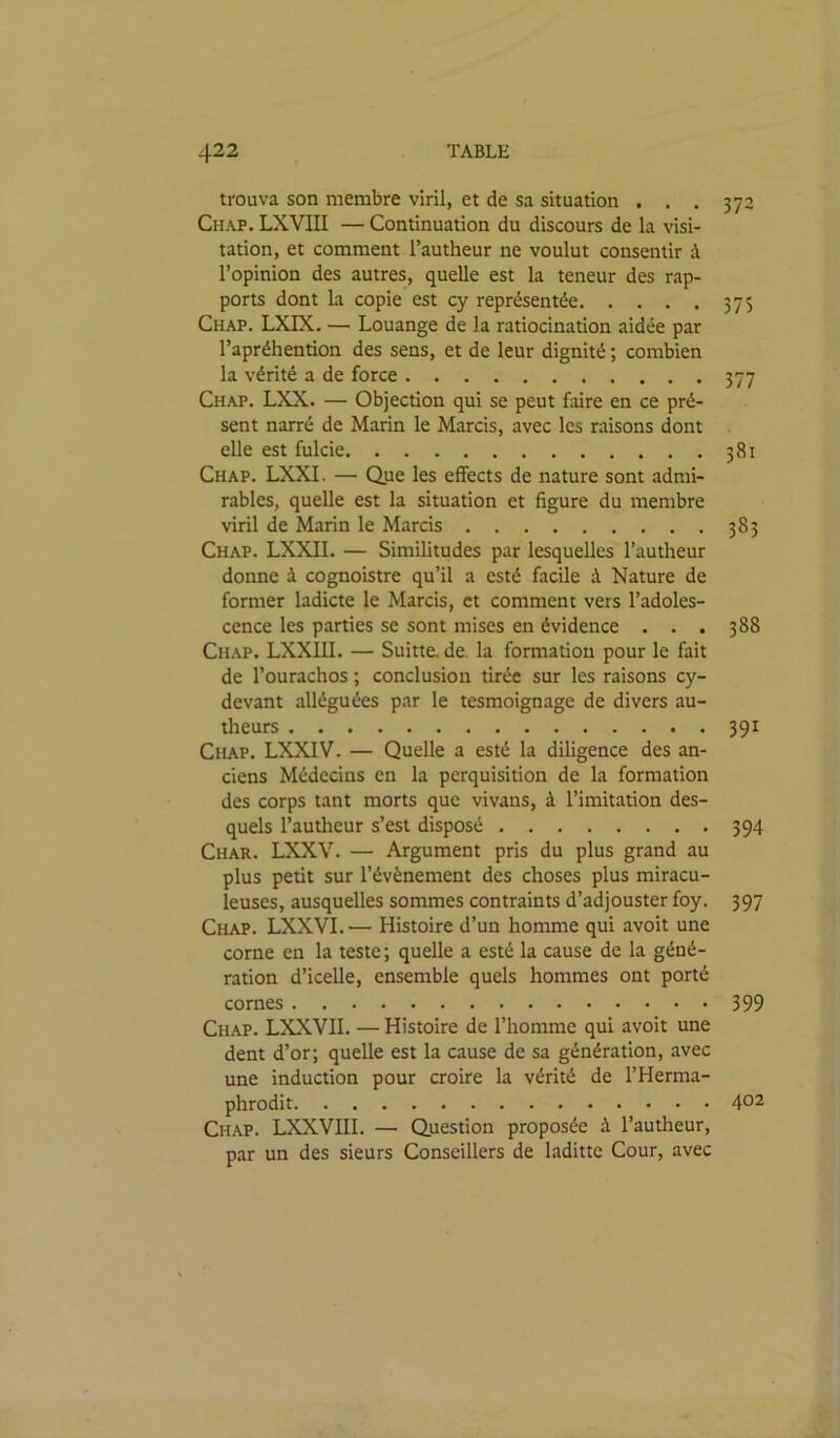 trouva son membre viril, et de sa situation ... 372 Chap. LXVIII — Continuation du discours de la visi- tation, et comment l’autheur ne voulut consentir à l’opinion des autres, quelle est la teneur des rap- ports dont la copie est cy représentée 375 Chap. LXIX. — Louange de la ratiocination aidée par l’apréhention des sens, et de leur dignité ; combien la vérité a de force 377 Chap. LXX. — Objection qui se peut faire en ce pré- sent narré de Marin le Marcis, avec les raisons dont elle est fulcie 381 Chap. LXXI. — Q.ue les effects de nature sont admi- rables, quelle est la situation et figure du membre viril de Marin le Marcis 383 Chap. LXXII. — Similitudes par lesquelles l’autheur donne à cognoistre qu’il a esté facile à Nature de former ladicte le Marcis, et comment vers l’adoles- cence les parties se sont mises en évidence . . . 388 Chap. LXXIII. — Suitte. de. la formation pour le fait de l’ourachos ; conclusion tirée sur les raisons cy- devant alléguées par le tesmoignage de divers au- theurs 391 Chap. LXXIV. — Quelle a esté la diligence des an- ciens Médecins en la perquisition de la formation des corps tant morts que vivans, à l’imitation des- quels l’autheur s’est disposé 394 Char. LXXV. — Argument pris du plus grand au plus petit sur l’évènement des choses plus miracu- leuses, ausquelles sommes contraints d’adjouster foy. 397 Chap. LXXVI.— Histoire d’un homme qui avoit une corne en la teste ; quelle a esté la cause de la géné- ration d’icelle, ensemble quels hommes ont porté cornes 399 Chap. LXXVII. — Histoire de l’homme qui avoit une dent d’or; quelle est la cause de sa génération, avec une induction pour croire la vérité de l’Herma- phrodit 402 Chap. LXXVIII. — Question proposée à l’autlieur, par un des sieurs Conseillers de ladittc Cour, avec