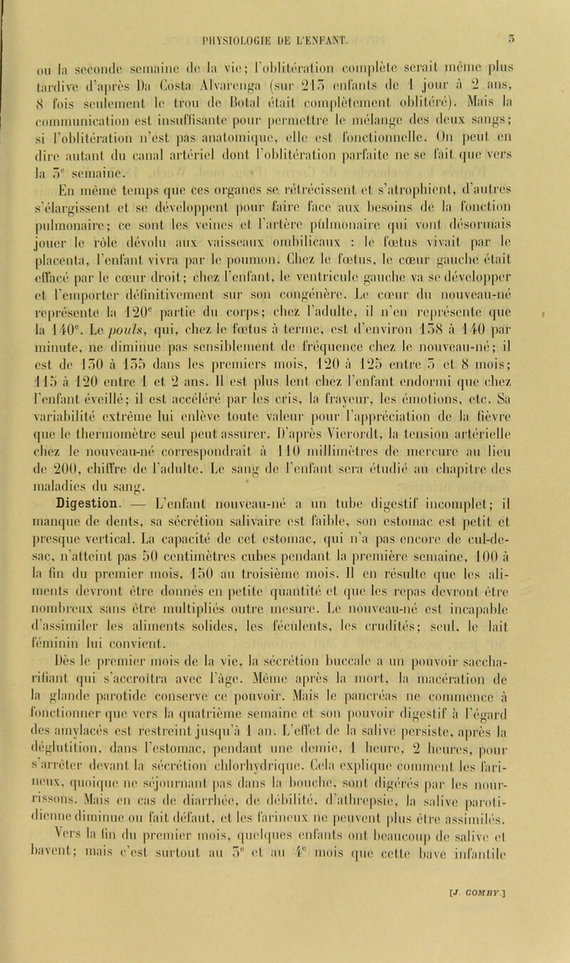 IMIYSIULOGIK 1)E L’ENTANT. 5 on la soconde scnnaino do la vio; roblitoi'alion oompleic scrail nieiiio pins lardive (Tapirs Da Costa Alvamiga (sni- 215 oidanls dc I join- a 2 ans, (S 1‘ois sonioinont lo iron do Dotal (itail coinplotomont ohlitiin;). Mais la connminicalion ost insnllisanlo pour poi nioUrc lo ni(‘lanp;o dos donx san^s; si Tohlitoration iTost pas anatoini(|no, olio (*st ronctiomiollo. On pont on diro aidant dn canal artoriol dont Tolilitoration parfaito no so fait quo vors la r)*-' soinaino. En ni(?nic loinps quo cos organos so rdtrdcissont ot s’ati'opliiont, d’antros s'l’dargissont ot so dt^.volop|)ont ponr laiio laco anx Dosoins do la I'onction pnlmonairo; co sont les voinos of Taitoro pidinonairo qni void d(’‘Sormais jonor lo role diAoln anx vaissoanx oinhilicanx : lo 1‘ootns vivait par lo placenta, Tonl'ant vivea par lo ponnion. Clioz lo foetus, lo coenr gancho I'dait olVaco par lo cocnr droit; clioz Tonfant, lo vontricnio ganclio va so diivolo]ipor of Toinportor di'dinitivomont snr son conginiero. Lo coenr dn nonvoan-no roprosoide la 120'' partio dn cor|is; clioz Tadnlto, il iTon roprosento quo la 140®. Lo pouls, qui, clioz lo foetus a tonne, ost d’onviron ITitS ,a 140 jiar ininnto, no diniinuo pas sonsibloincnt do firqnonco choz lo noiivoan-iid; il ost do 1.50 a 1,55 dans los proiniors inois, 120 a 125 ontro 7> ot 8 iiiois; 115 a 120 ontro 1 ot 2 ans. 11 ost pins lout clioz Tciifant ondorini ipio clioz Tonfant dvcillii; il ost accdldrd par los cris, la frayonr, les (‘inotions, etc. Sa variabilit(3 cxtreine Ini cnlevc tonto valour ponr Tappriiciation dc la lievro quo lo tlicrnioinetro soul pont assuror. ITaprds Viorordt, la tension artdriollo clioz lo nouvean-nd correspondrait a 110 niilliindtrcs do niorcnro an lion do 200, chilfre do Tadnlto. Lo .sang do Tonfant sora dtndid an ebapitro dos inaladios dn sang. Digestion. — L’cnfant nonvoan-nd a nn tube digestif inconiplct; il rnanqno dc dents, sa sdicrdtion salivairo ost faiblo, son ostoinac ost petit ot prosqne vortical. La capacitd do cot ostoinac, ipii iTa pas encore do ciil-do- sac, iTattoint pas 50 continietros cubes pendant la proinidro soinaino, 100 a la (In dn proinicr mois, 150 an troisienio mois. Il on rdsnlto quo los ali- inonts dovront dtre donnds on petite qiiantitd ot quo los repas devront dtro noinbrnix sans dtre innitiplids ontro niosnro. Lo nonvoan-nd ost incapable (Tassiinilor los aliinonts solidcs, les fdcnionts, los crnditds; soul, lo lait fdininin Ini conviont. Dos lo proniioi’ mois do la vie, la sderdtion bnccalo a nn ponvoir .sacclia- riliant (pii s’accroitra avoc Tag(>. Mdino aprds la inort, la inacdrafion do la glando parotide conserve cc ponvoir. Mais lo panerdas no connncncc a fonctionnor (pio vers la ([nalridmo soinaino ot son |ionvoir digestif a Tdgard dos arnylacds ost rostroint jnsijiTa 1 an. L’ollot do la salivo |iorsisto, aprds la ddgbitition, dans Tcstoinac, pendant nno doinio, 1 bonri', 2 bonros, ponr s arrdtor dovant la sderdtion cblorbydriipio. Cola oxplicpio coinniont los fari- nonx, (pioiipic no si'jonrnant pas dans la bonebo. sont digdrds par los nonr- rissons. Mais on cas do diarrbdo, do ddbilifd. d’albropsio, la salivo paroti- dionno diminne on fait ddfant, ot los farinonx no |)cnvont pins dtro assiinib's. Vors la Tin dn proniior mois, (piob|iios onfants out boanconp do salivo of bavont; mais c’ost snrtont an ,5® ot an 1® mois ipio cotto bavo infantile