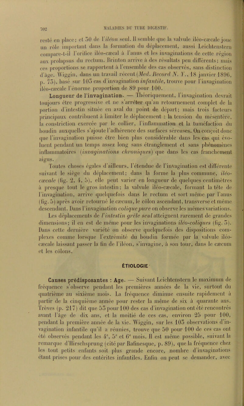 70‘2 1‘cste cn place; el 7)0 cle Vileon seiil. 11 seinble (|iie la valvule ileo-ciccale joue « tin role iinportanl dans la Ibrmation du deplacenient, aussi Leichtenslern ;yj| compare-l-il rorillce ileo-c®eal a I’anus el les iiivaffinalions de cette i-egion '-m aux prola})sus du rectuui. Brintou aridve a des resullals pen diHerents; niais ces proportions se rapporlent a renseinl)le des cas observes, sans dislinciion d’age. \Viggin, dans un tiavail recent (.l/ed. Uecord N. ¥., BS janvi(!r 189(), ’{I p. 75), base sur J 05 cas d’invagination m/Vni/i/e, trouve pour I’invagination 1 ileo-ciecale renoruie proportion de 89 pour 100. rii Longueur de I’invagination. — Tlieoriipieinent, I’invagination devrait loujours elre progressive el ne s’arreter rpi’an retourneiucnt coinplet de la poi’lion d’inleslin situee en aval du jioint de dcjiart; luais Irois I'acteurs . jirincipaux contribuent a limiter le deplaceiuent : la tension du mesenfere, la constriction exercee par le collier, rinllamiiialion et la tuinefaclion du boudin auxquelles s’ajoule radherence des surfaces sereuses. On confoit done ([uc I’invagination puisse ctre bien ])lus considerable dans les cas qui evo- luent pendant un temps assez long sans elranglement et sans phenomenes inllannnatoires [invaginations clironic/ues) qiie dans les cas franchement aigus. Tonies clioses egales d’ailleurs, I’etendue de I’invagination est diflerente suivant le siege du deplaceinent; dans la forme la plus commune, ileo- ceecale (lig. ‘2, T, 5), elle jieut varier en longueur de ipiebpies centimetres a presque tout le gros inteslin; la valvule ileo-caicale, formant la tete de I’invaginalion, arrive (juelquefois dans le rectum et sort mcme par I’anus (lig. 5) apres avoir relourne leciccum, le colon ascendant, transverse et meme descendant. Dans Tinvagination culiqncpure on observe les niemcs variations. l.es deplacements de Finteslin grele .scu/altcigncnl rarcinent de grandcs dimensions; il en est de meme pour les invaginations ileo-coligues (fig. 5). Dans cette derniere variele on observe ipiclquefois dcs dispositions com- plexes comme lorsipie rextremite du boudin forrnec par la valvule ileo- csecale laissant passer la lin de rileon, s’invaginc, a son lour, dans le CcEcum et les colons. ETIOLOGIE' Causes pr6disposautes ; Age. — Suivant Leichtenslern le maximum de frequence s’obscrve pendant les premieres annees de la vie, surtout du (piatrieme au sixieme niois. La frequence diininiie ensuilc rapidement a f parlir de la cinquieme annee pour roster la meme do six a quaranlc ans. | Treves (p. 217) dit que 55 pour 100 dcs cas d’invagination ont etc rencontres avant I’agc do dix ans, et la moitie de ces cas, environ 25 pour 100, I pendant la premiere annee de la vie. Wiggin, sur les 105 observations d’in- | vagination infantile qu’il a reunics, trouve quo 50 pour 100 de ces cas ont | etc observes pendant les 4°, 5® et 0® inois. II est meme possible, suivant la | remarque dTlirscbsprung (cite par Rafinesque, p. 89), que la frequence cliez les tout petits enfants soit plus grande encore, nombre d’invaginations etant prises pour dcs enterites infantiles. Enlin on pent sc demander, avec