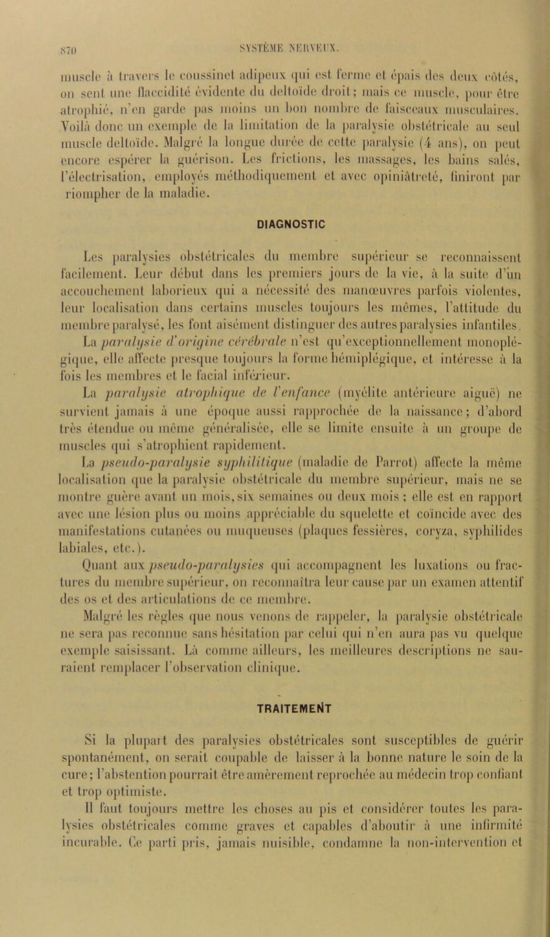 STD imisclo a ti'av(M's lo coussiiiol adipciix qiii (xsl, Icriiie ol 6])ais dcs dciix (‘(Mas, on sent iim! ilac“cidil() (‘vidonU' dii d(dloide dmil; inais co niiisch*, ])()m‘ clre ati'oplu(‘, n’('ii garde pas inoins un hon nomlno do laisceanx nmscidaires. Voila done iin oxcinple do la liinitalion do la paralysio ol)sl(5triealo an soul imiscIo delloklc. Malgi‘(;' la loiiguo diiiro do cotto paralysio (4 ans), on [(ciil oncoro osp(5ror la giR'rison. Los frictions, los massages, les bains salf's, r(3loclrisation, eniploy(!'s ni(3thodiqiieinenl et avec oj)inialrote, liniront })ar riomphor do la maladio. DIAGNOSTIC Les paralysies obst(itricales du meinbro snp(3rieiir so reconnaissenl lacileinent. Lour df'bnt dans les premiers jonrs do la vie, a la suite d’un accoucbcmont laborieux qni a n(5cessit(3 des mana'iivros parfois violentes, lenr localisation dans certains mnsetes tonjonrs les nk'nies, I’attitude du membreparalys(i, les font aistmient distingner des antresparalysies infantiles. La parahjsie d'origine cerebrale n’est ({ii’exceptionnellement monopM- giqne, eilc alTecte presque tonjonrs la forme b(jmipl(3giquo, ct interesse ii la Ibis les membres ct le facial inlei'ieur. La parahjsie alrophicjue de Venfance (myf'lite ant(jrienre aiguc) ne survient jamais a nne (*p()(pie anssi rapprocluie de la naissance; d’abord tres (‘tendne on mcme g(!>iub‘alisec, elle se limitc ensuite a nn gronpe do muscles qni s’atrophicnt rapidement. La pseudo-paralxjsie sijphUilique (maladie de Parrot) alfecte la miMnc localisation quo la paralysio obstc'tricale du membre siqKirieur, mais ne se montre guere avant nn mois,six semaines on deux mois ; elle est on rapport avec line l(“sion plus ou moins ap|)r(‘ciable du sipielette et coincide avec des manifestations cutan(!‘es ou nmqueiises (plaques fessieres, coryza, sypliilides labiales, etc.). Ouant aiix pseudo-paralysies qui accompagnent les luxations ou frac- tures du membre sup(irieur, on roconnaitra lenr cause par un examcn attentif des os et des ai'ticnlations de ce membre. Malgnj les regies qne nous venous de rajipeler, la paralysio obstiitricalc ne sera pas rcconnue sans hesitation par celni qui n’en aura pas vu quelque exemple saisissant. Lii comme aillenrs, les meilleures descriptions ne sau- raient remplacer I’observation clinique. TRAITEMEtiT Si la plnpart des paralysies obstiitricales sont susceptibles do guerir spontaniimcnt, on serait coupable de laisser a la bonne nature le soin de la cure; I’abstentionpourrait (‘treamerement reprocliiie au irmdecin Irop conliant et Irop optimiste. 11 faut toujours rnettre les cboses au pis et considf'rer (outes les para- lysies obst(itricales comme graves et capablos d’aboutir a une infirmit(3 incurable. C4e parti pris, jamais nuisible, condamne la non-inlervention et