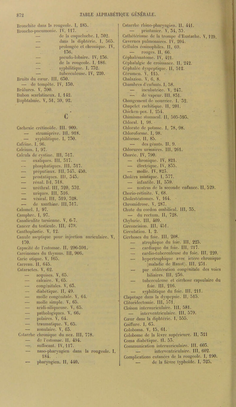 Bi'onchite dans la roupcole. I, 185. Bronclio-pnoumonie. IV, 117. — do la coqucliiclie. 1, 502. — dans la diplildric. 1, 505. — prolongdc ct chronique. IV, 130. — psciido-lobairc. IV, 156. — de la rougcole. 1, 186. — sypliilitique. I, 732. — lubcrculeuse. IV, 220. Bruits du emur. Ill, 650. — do tempelc. IV, 150. Brulurcs. V, .590. Bubon scarlalincux. I, 1-42. Bupbtalmic. V, 51, 59, 92. c‘ Cacliexie cretinoi'de. III. 909. — strumiprivc. Ill, 918. — sypbilili(iue. 1, 730. Cafoinc. I, 90. (ialciuin. I, 97. Calculs de cyslino. Ill, 517. — oxaliqucs. HI, 317. — pbuspbali(|ucs. Ill, 317. — prdpnliaiix. 111,515, -450. — ))roslatiqiies. HI, 5-45. — renal. Ill, 518. — urdlbral. HI, 520, 552. — urii[iies. HI, 516. — vesical. Ill, 519, 528. — do xaniblne. Ill, 517. Ealomcl. I, 97. (iainpbre. I, 97. Eanalieulilc larsienne. V, 0-7. Lancer du teslicule. HI, 479. (lantboplaslic. V, 12. Caiiule asepliquc imur injection aui-iculaire. V, 170. r.apacite de I'estomac. 11, 290-591. (larcinomes du thymus. HI, 900. Carie otique. V, 165. Larrcau. 11, 615. Calaractcs. V, 02. — acqnises. V, 05. — calcaire. V, 65. — congenitales. V, 05. — diabetique. II, 49. — molle congenitale. V, 64. — molle simple. V, 65. — aridi-siliqueusc. V, 05. — patbologiques. V, 00, — polaires. V, 04. — traumatiquc. V, 65. — zonulaire. V, 65. Catarrhc cbroniquc du nez. HI, 778. — de I'estomac. 11, 494. — sullocant. IV, 117. — naso-pbaryngien dans la rougeole. I, 184. . — pbaryngien. 11, 440. Catarrbe rbino-pbaryngicn. II. 441. — in'iiilanier. V, 54, 57. rialbeterisme de la trompe (riiuslacbc. V, 129. Lavernes pulmouaires. IV, 204. Cellules eosinopbiles. II, 09. — rouges. 11, 66. Ce|)balemalome. IV, 421. Cepbalalgie de croissance. II, 242. Ccpbalec dyspepliipie. H, 512. Cerumen. V, Tlo. Chalazion. V, 0, 8. Cbambres d’enCanls. I, 58. — incubatrice. V, 247. — do vapour. HI, 851. Chaiigomont de nourrice. I. 52. Cbapelel racbiticpie. II, 201. Chicken-pox. 1, 254. Cbiniisme sloniacal. 11, 505-595. Cldoral. I, 98. ■ Chlorate de potasse. I, 78,-98. Cblororormc. I, 98. Cblorose. 11, 85. — des geanls. H, 9. Cblorures urhiaires. HI, 261. Choree. IV, 790. — cbronicpio. IV, 821. — electri(|ue. IV, 855. — molle. IV, 823. Cholera asiatiqiie. I, 577. — infantile. 11, 559. — nostras de la secondc ciifance. 11, 529. Cborio-rcMiiiite. V, 68. Cbolostealomes. V, 104. Cbrotnidrose. V, 287. Chute du cordon ombilical. HI, 55. — du rectum. 11, 728. Chylurie. HI, 409. Circoncision. HI, 451. Circulation. 1, 2. Cirrhoses du foie. HI, 208. — atrophiipie du foie. HI, 225. — cardiaque du foie. HI, 217. — cardio-tuberculeuse du foie. HI, 220. — bypertrophique avec iciere chronique (inaladie de Hanot). HI, 251. — par ohlileration congenitale des voies hiliaircs. HI, 256. — tnherculeuse et ciriliose capsulaire du foie. HI, 210. — sypliilitique du foie. HI, 211. Clapolage dans la dyspepsie. II, 515. Cliloridectomie. HI, 571. Cloison interauriculaire. HI, 581. — interveniriculaire. HI, 579. Canir dans la diphterie. I, 555. Coiffure. I, 65. Colohoma. V, 15, 01. Colohomc do la levre supcrieui-e. II, 321 Coma diabetique. 11. 53. Communication interauriculaire. HI, 003. -— interveniriculaire. HI, 602. Complications cutanees de la rougeole. I, 190. — de la fievrc typlio'ide. I, 525.