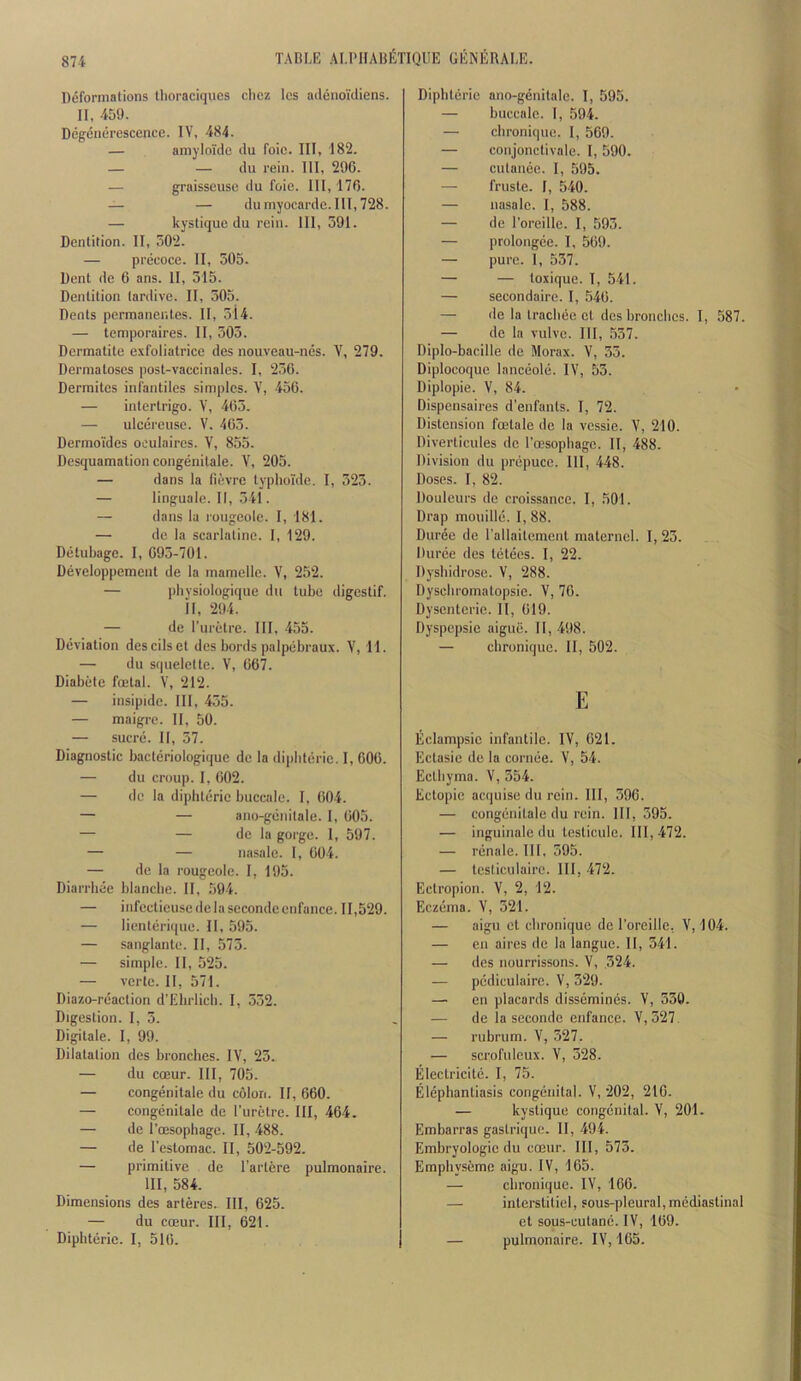 Deformations llioraciqucs chez Ics aclenoidiens. II, 459. Degeiiercscence. IV, 484. — amyloide du foie. Ill, 182. — — du rein. Ill, 296. — graisseuse du foie. Ill, 170. — — dumyocarde. 111,728. — kystique du rein. Ill, 591. Dentition. II, 502. — precoce. II, 505. Dent de 6 ans. II, 515. Dentition tardive. II, 505. Dents permanentes. II, 514. — leniporaires. II, 505. Dermatite exfoliatrice des nouveau-nes. V, 279. Dermatoses post-vaecinales. I, 256. Dermites infantiles simples. V, 456. — intertrigo. V, 465. — ulccreuse. V. 465. Dermo'ides oeulaires. Y, 855. Desquamation congenitale. Y, 205. — dans la fievrc typhoTde. I, 525. — linguale. II, 541. — dans la i-ougeole. I, 181. — de la searlatine. 1, 129. Detubage. 1, 095-701. Developperaent de la mamelle. V, 252. — physiologique du tube digestif. II, 294. — de I’uretre. Ill, 455. Deviation descilset des bords palpiibraux. V, 11. — du squelctte. V, 667. Diabete foetal. Y, 212. — insipide. Ill, 455. — maigre. II, 50. — sucre. II, 57. Diagnostic bacteriologique de la dipblerie. I, 606. — du croup. I, 602. — de la di])hteric buecale. I, 604. — — ano-gcnitale. 1, 605. — — de la gorge. 1, 597. — — nasale. 1, 604. — de la rougcole. I, 195. Diarrhee blancbe. II, 594. — infeetieusedelasecondeeiifance. 11,529. — lienterique. II, 595. — sanglante. II, 575. — simple. II, 525. — verte. II, 571. Diazo-reaction d'Ebrlicb. I, 552. Digestion. I, 5. Digitate. I, 99. Dilatation des bronches. IV, 25. — du coeur. Ill, 705. — congenitale du colon. II, 660. — congenitale do I’uretre. Ill, 464. — de I’cesophage. II, 488. — de I’estomac. II, 502-592. — primitive de I’artere pulmonaire. Ill, 584. Dimensions des arteres. Ill, 625. — du cffiur. Ill, 621. Diphterie. I, 516. Diphterie ano-genitale. I, 595. — buccale. I, 594. — chronique. I, 569. — conjonclivale. I, 590. — cutanee. I, 595. — fruste. I, 540. — nasale. I, 588. — de I’oreille. I, 595. — prolongce. I, 569. — pure. 1, 557. — — toxique. 1, 541. — secondaire. I, 546. — de la traebde ct des bronches. I, 587. — de la vulve. Ill, 557. Diplo-bacille de Morax. Y, 55. Diplocoque lanceole. IV, 55. Diplopie. V, 84. Dispensaires d’enfants. I, 72. Distension foetale do la vessie. V, 210. Diverticules de roesopbage. II, 488. Division du prepuce. Ill, 448. Doses. I, 82. Douleurs de croissance. I, 501. Drap mouille. 1, 88. Duree do I’allaitement materncl. I, 25. Duree des tetecs. I, 22. Dyshidrose. V, 288. Dysebromatopsie. V, 70. Dysonterie. II, 619. Dyspepsie aigiie. II, 498. — chronique. II, 502. E Eclampsie infantile. IV, 021. Ectasie de la cornee. V, 54. Ecthyma. V, 554. Ectopic acquise du rein. Ill, 596. — congenitale du rein. Ill, 595. — inguinale du testicule. 111, 472. — ninale. 111. 595. — tcsticulaire. Ill, 472. Ectropion. V, 2, 12. Eczema. V, 521. — aigu ct chronique de I'oreille, V, 104. — en aires de la langue. II, 541. — des nourrissons. V, ,524. — pediculaire. V, 529. — on placards dissemines. V, 550. — de la seconde enfance. V,527. — rubrum. V, .527. — scrofulcux. Y, 528. Electricite. I, 75. Elephantiasis congenital. V, 202, 210. — kystique congenital. V, 201. Embarras gastrique. II, 494. Embryologic du coeur. Ill, 575. Empbyseme aigu. IV, 165. — chronique. IV, 166. — interstiliel, sous-pleural,mediastinal et sous-culanc. IV, 169. — pulmonaire. IV, 165.