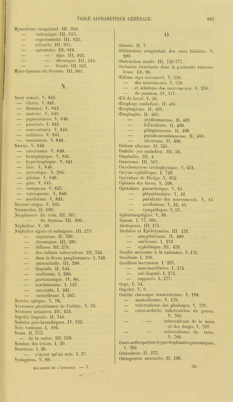 Myxosileme congeiiilal. Ill, 910. — (■mlomiijue. Ill, 9‘2!). — (!X]KTimental. Ill, 933. — int'aiUilc. 111. 915. — optiratoii'C. Ill, 918. — — aigu. HI, 922. — — climni(|ue. HI, 919. — — fruste. HI, 923. Myxo-lipomcs tin thymus. HI, 900. 1\ iSievi araiici. V, 813. — i'leves. V, 841. — Ilanimi'i. V, 844. — malomi. V, 840. — pigmontaircs. V, 840. — ponctuL-s. V, 841. — sous-ciitaiies. V, 841. — stellaii'cs. V, 841. . — vasculaires. V. 840. Kajvus. V, 840. — cavemosus. V, 840. — ImmiplGgique. V, 841. — hyportrophique. V, 841. — lissc. V, 8 iO. — ucvroliquc. V, 204. — pilosus. V, 840. — plan. Y, 845. — variqucux. V, 843. — vemiqucux. V, 840. — zoniforme. V, 841. Necrose olique. Y, 1(55. Nematodes, 11, 688. N'eoplasmes dii rein. HI, 307. — (In thymus. HI, 906. N'ephclion. V, 50. Nephrites aigues et suhaigues. HI, 279. — angineuse. II, 399. — chroniques. HI, 285. — dilTuses. HI, 279. — des enfants tuberculeux. HI, 346. — dans la fievre ganglionnaire. I, 348. — interslitielle. HI, 288. — linguale. 11, 344. — ourlienne. 1, 280. — pneumonique. lY, 88. — scarlatineuse. I, 147. — vaccinale. I, 241. — varicelleuse. I, 263. Nevrite optique. Y, 70* N'evromes plexilbrmes de I’orhile. Y, 93. Nevroses urinaircs. HI, 424. Nigrilie linguale. 11, 344. Nodules pcri-bronchiques. lY, 122. Noix vomique. I, 104. Noma. 11, 573. — de la vulve. HI, 559. Nonibre dcs tetees. 1, 20. Nourrices. 1,26. — n’ayant qu’un scin. I, 27. Nystagmus. Y, 89. SIAI.ADIES DE 1,’eXF.VXCE Y. 0 Obesile. II, 7. Obliteration congenilale des voies biliaircs. V, 209. Obstruction nasale. Ill, 749-777. Occlusion inteslinale dans la peritonite tubercu- leuse. Ill, 96. (Kdeme aigu circonscril. Y, .550. — des nouveau-nes. Y, 259. — et sclereme den nouveau-nes. Y, 236. — du pournon. IV, 111. (Eil de band’. V, 59. (I'isophage (maladies). II, >85. (Esophagisme. 11, 491. (Esophagite. II, -'iSO. — erythemateusc. II, 489 — I'olliculeusc. 11, 490. — phlegmoneuse. II, 490. — pseudo-membraneuse. II,'490. — ulcereuse. II, 490. Oidium albicans. II, 543. Ombilic (scs maladies). HI, 30. Omphalile. HI, 4'. Onanisme. HI, 563. Onycbomycose trichophytique. V, 631. Onyxis syphililique. I, 728. Operation de Phelps. Y, 832. Ophiasis des Grecs. V, 598. Ophtalmic gonorrheique. V, 13. — phlyctenulaire. V, 42. — .purulente des nouveau-nes. V, 15 — scrofuleuse. V, -42, 48. — sympathique. V, 57. Ophtalmoplegies. V, 88. Opium. I, 77, 105. Orchipexie. HI, 475. Orchites et Epididymites. HI. 476. — amygdalienne. II, 400. — ourlienne. I, 278. — syphililique. HI, 478. Oreille moyenne a la naissance. Y, 151. Oreillons. I, 266. Oreillons lacrymaux. I, 283. — sous-maxillaires. I, 274. — sub-lingual. I, 274. — suppurcs. I, 277. Orge. I, 54. Orgelel. V, 6. Osteite ebronique mastoidienne. V, 180. — mastoidienne. V, 179. — luberculcuse des phalanges, V, 797. — osteo-arlhrite tuberculeusc du genou. V, 769. — — luberculcuse de la main et des doigts. V, 797. — — tuberculeusc du (arse. V, 788. Osleo-arthropathies byperirophiantespneumiques, V. .382. Oslcoclasi.e. 11, 233. Osleogenesc anormalc. II, 198. 56