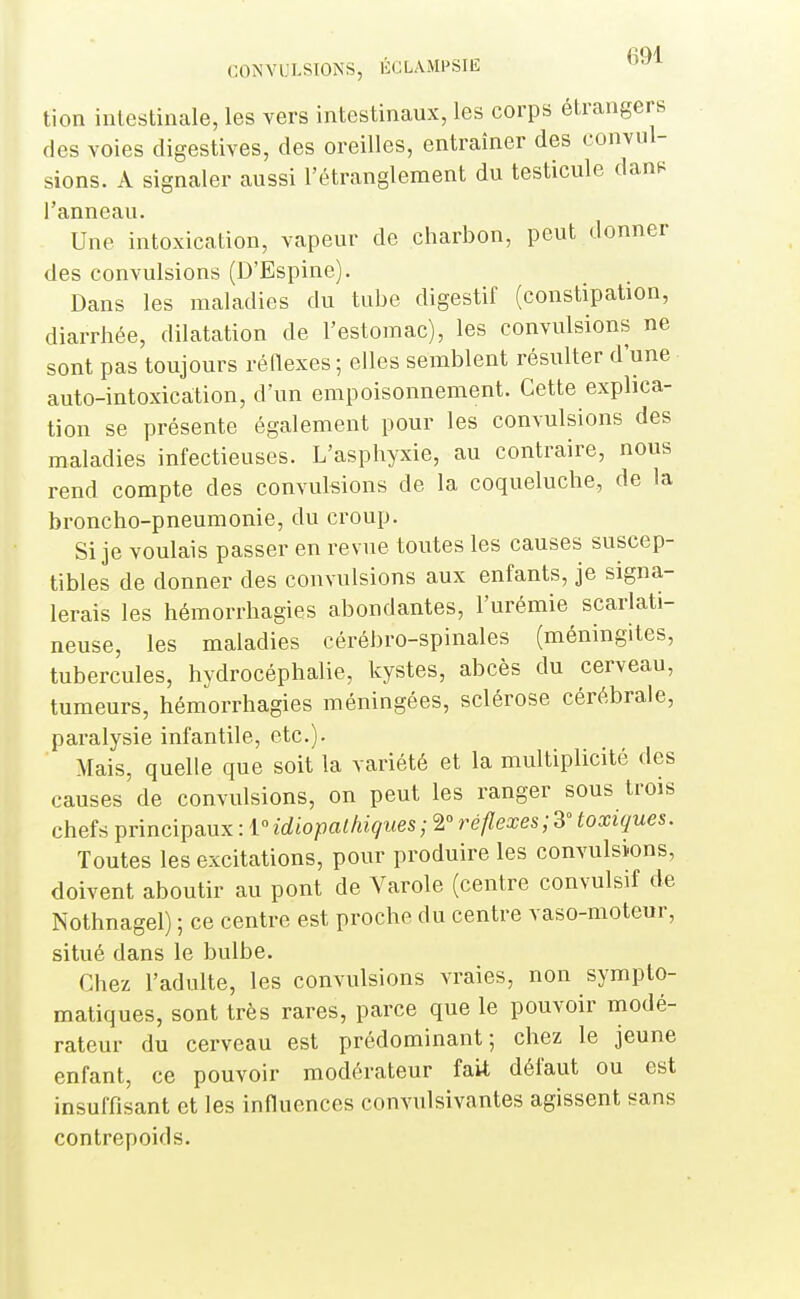 CONVULSIONS, li(;LAMPSIlî '^^ tion intestinale, les vers intestinaux, les corps étrangers des voies digestives, des oreilles, entraîner des convul- sions. A signaler aussi l'étranglement du testicule dan? l'anneau. Une intoxication, vapeur de charbon, peut donner des convulsions (D'Espine). Dans les maladies du tube digestif (constipation, diarrhée, dilatation de l'estomac), les convulsions ne sont pas toujours réOexes; elles semblent résulter d'une auto-intoxication, d'un empoisonnement. Cette expbca- tion se présente également pour les convulsions des maladies infectieuses. L'asphyxie, au contraire, nous rend compte des convulsions de la coqueluche, de la broncho-pneumonie, du croup. Si je voulais passer en revue toutes les causes suscep- tibles de donner des convulsions aux enfants, je signa- lerais les hémorrhagies abondantes, l'urémie scarlati- neuse, les maladies cérébro-spinales (méningites, tubercules, hydrocéphalie, kystes, abcès du cerveau, tumeurs, hémorrhagies méningées, sclérose cérébrale, paralysie infantile, etc.). Mais, quelle que soit la variété et la multiplicité des causes de convulsions, on peut les ranger sous trois chefs principaux : 1 idiopalhigues ; 2° réflexes ; 3° toxiques. Toutes les excitations, pour produire les convulsions, doivent aboutir au pont de Varole (centre convulsif de Nothnagel) ; ce centre est proche du centre vaso-moteur, situé dans le bulbe. Chez l'adulte, les convulsions vraies, non sympto- matiques, sont très rares, parce que le pouvoir modé- rateur du cerveau est prédominant; chez le jeune enfant, ce pouvoir modérateur fait défaut ou est insuffisant et les influences convulsivantes agissent sans contrepoids.