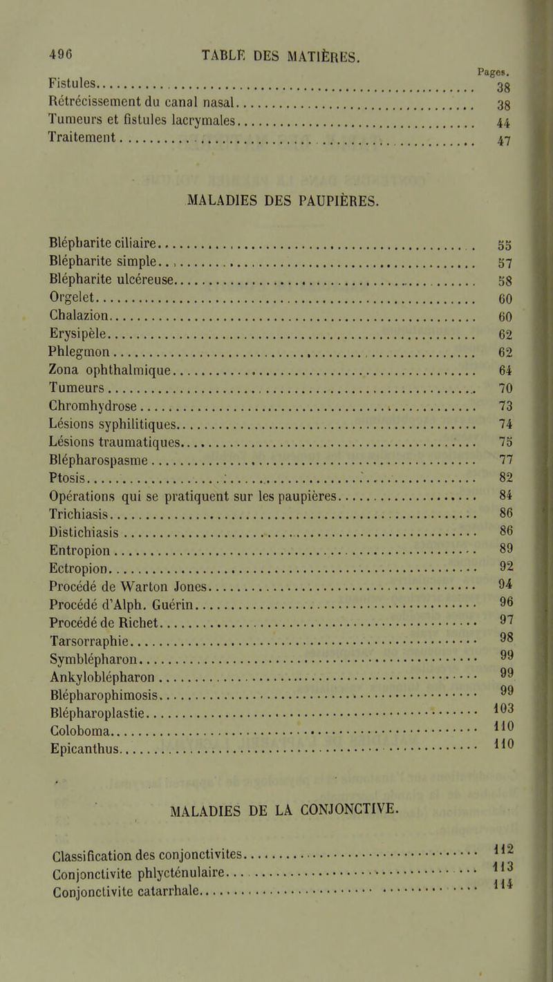 Pages. Fistules 3g Rétrécissement du canal nasal 38 Tumeurs et fistules lacrymales 44 Traitement 47 MALADIES DES PAUPIÈRES. Blépbarite ciliaire . 5g Blépharite simple.., 57 Blépharlte ulcéreuse 58 Orgelet 60 Chalazion 60 Erysipèle 62 Phlegmon 62 Zona ophthalmique 64 Tumeurs 70 Chromhydrose 73 Lésions syphilitiques 74 Lésions traumatiques 75 Blépharospasme 77 Ptosis ; 82 Opérations qui se pratiquent sur les paupières 84 Trichiasis 86 Distichiasis 86 Entropion 89 Ectropion 92 Procédé de Warton Jones 94 Procédé d'Alph. Guérin 96 Procédé de Richet 97 Tarsorraphie Symblépharon Ankyloblépharon Blépharophimosis Blépharoplastie Coloboma Epicanthus MALADIES DE LA CONJONCTIVE. Classification des conjonctivites Conjonctivite phlycténulaire... Conjonctivite catarrhale 112 H3 114