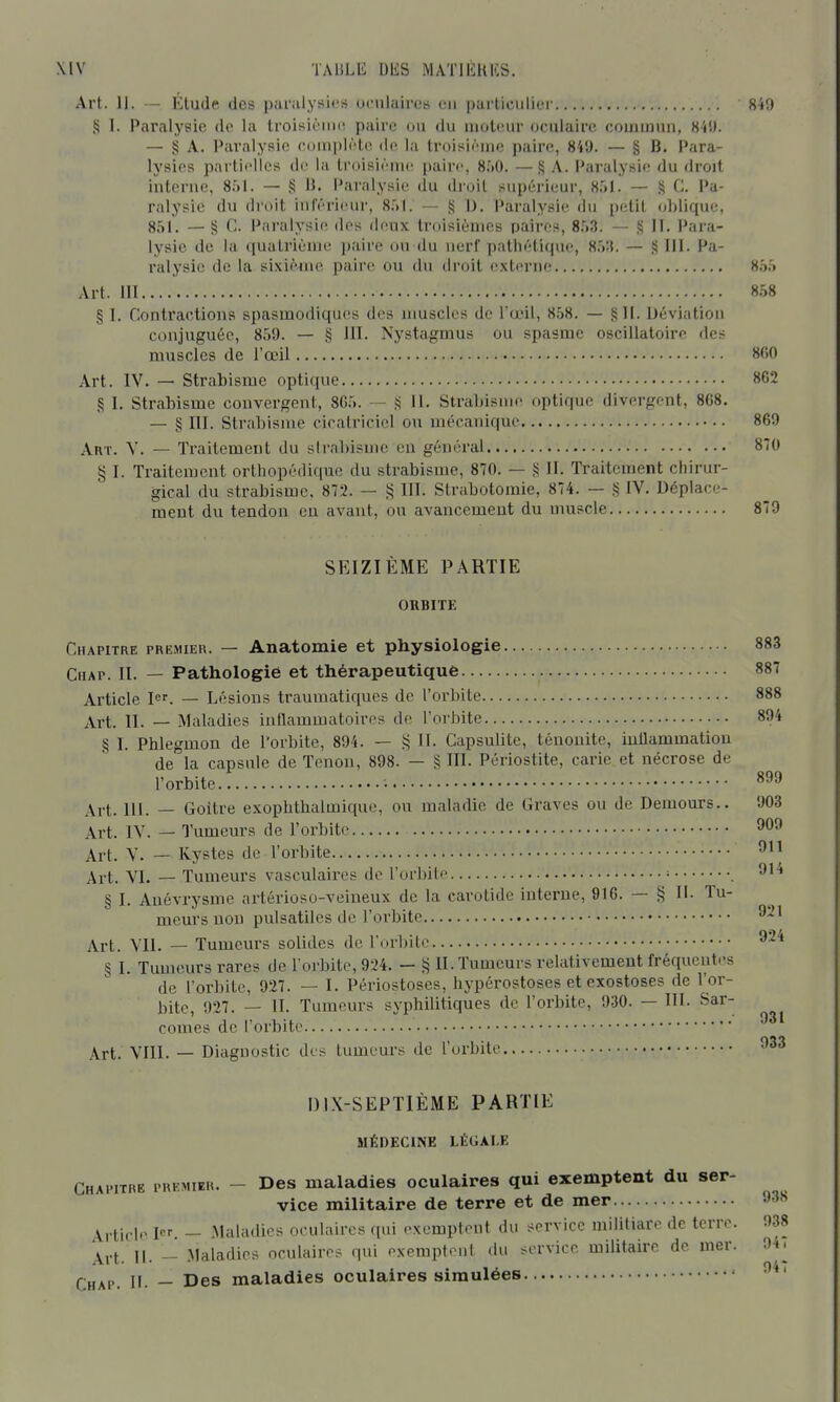 Art. 11. — Étude des paralysies oculaires en particuliei' 849 § I. Paralysie, do la troisièiin' paire on du moteur oculaire couunun, «il). — § A. Paralysie conipli'lc de la troisième paire, 84'J. — § B. Para- lysies partielles de la troisième paire, 8f>0. — § A. Paralysie du droit interne, 8.M. — S l^' l^•lralysio du droit supérieur, 8.')1. — S C. Pa- ralysie du droit inl'éricur, S.M. — IJ. I»aralysie du petit oblique, 851. — § C. Paralysie des deux troisièmes paires, 853. — § II. Para- lysie de la qualriùnie paire on du nerf patliétiqiu», 8.'>;{. — .'JIIl. Pa- ralysie do la sixièno» paire on du droit externe 8.î.'> Art. m 8.^8 § I. Contractions spasmodiques des muscles de l'œil, 858. — §11. Déviation conjuguée, 85!). — § 111. Nystagmus ou spasme oscillatoire des muscles de l'œil 860 Art. IV. — Strabisme optique 862 § 1. Strabisme convergent, 8G5. — S 11. Strabisme optique divergent, 868. — § III. Strabisme cicatriciel ou mécanique 869 Art. y. — Traitement du slrnlnsme en général 870 § I. Traitement orthopédique du strabisme, 870. — § II. Traitement chirur- gical du strabisme, 872. — ^ III. Strabotomie, 874. — § IV. Déplace- ment du tendon eu avant, ou avancement du muscle 879 SEIZIÈME PARTIE ORBITE Chapitre premier. — Anatomie et physiologie 883 Chap. II. — Pathologie et thérapeutique 887 Article I. — Lésions traumatiques de l'orbite 888 Art. II. — Maladies inilammatoires de l'oi'bite 894 § I. Phlegmon de l'orbite, 894. — ^5 11. Capsulite, ténonite, iuilammation de la capsule de Tenon, 898. — § III. Périostite, carie et nécrose de l'orbite • Art. 111. — Goitre exophthalmique, ou maladie de Graves ou de Demours.. 903 Art. IV. — Tumeurs de l'orbite 909 Art. V. — Kystes de l'orbite ^j.t_ Yi. _ Tumeurs vasculaires do l'orbite • § I. Auévrysme artérioso-veiueux de la carotide interne, 916. — § 11. Tu- meurs non pulsatiles de l'orbite Art. VII. — Tumeurs solides de l'orbite § I. Tmneurs rares de l orbite, 924. - 55II. Tumeurs relativement fréquentes de l'orbite, 927. — I. Périostoses, hypérostoses et exostoses de l'or- bite, 927. — II. Tumeurs syphilitiques de l'orbite, 930. — III. Sar- cornes de l'orbite Art. VIII. — Diagnostic dos tumeurs de l'orbite • DIX-SEPTIÈME PARTIE MÉDECINE LÉGALE Chapitre premier. - Des maladies oculaires qui exemptent du ser- vice militaire de terre et de mer. 1er. _ Maladies oouhiiros ([ui exemptent du service militiare de terre. 11. _ Maladies oculaires qui exemptent du service militaire de mer. Chap. H- - Des maladies oculaires simulées 938 938 947 947