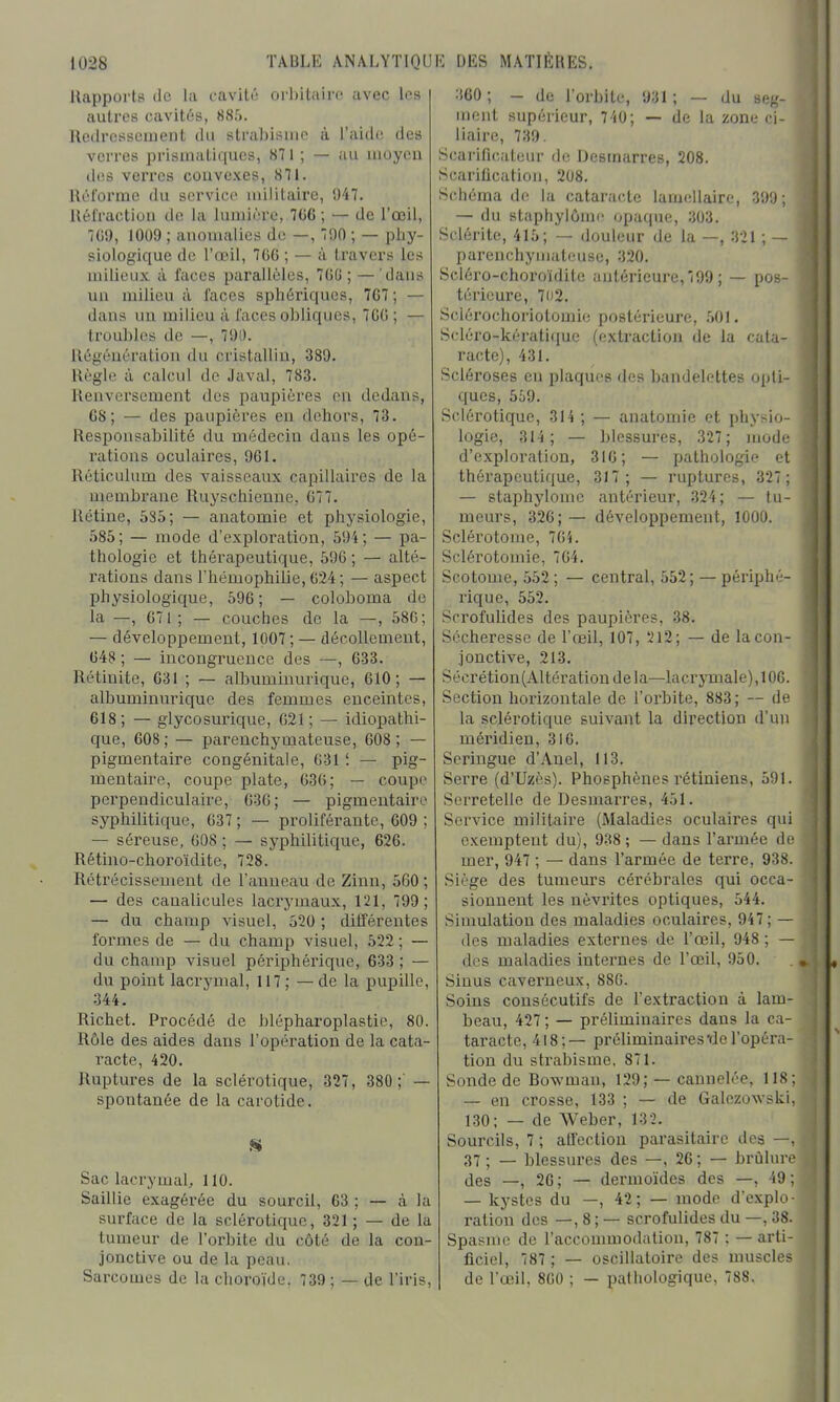 llapports (le la cavitt; orl)itfuro avec los autres cavités, SSr», Redi'cssement du strahisnio à l'aide des verres prismatiques, 871 ; — au moyeu des verx'es couvexes, 871. Rt^'orme du service uiilitaire, 947. lléfractiou de la lumii're, 706; — de l'œil, 7G9, 1009 ; auouialies de —, '90 ; — phy- siologique de l'œil, 766 ; — à travers les uiilieux à faces parallèles, 76G ; —'dans uu milieu à l'accs sphériques, 767 ; — dans uu milieu à faces obliques, 766 ; — troubles de —, 790. Régéuération du cristallin, 389. Règle à calcul de Javal, 783. Renversement des paupières on dedans, 68; — des paupières en dehors, 73. Responsabilité du médecin dans les opé- rations oculaires, 961. Réticulum des vaisseaux capillaires de la membrane Ruyschienne, 677. Rétine, 585; — anatomie et physiologie, 585; — mode d'exploration, 594; — pa- thologie et thérapeutique, 59G ; — alté- rations dans l'hémophilie, 624 ; — aspect physiologique, 596; — coloboma de la —, 671; — couches de la —, 586; — développement, 1007; — décollement, 648 ; — incongrucnce des —, 633. Rétinite, 631 ; — albuminurique, 610; — albuminuriquc des femmes enceintes, 618; — glycosurique, 621; — idiopathi- que, 608 ; — parenchymateuse, 608 ; — pigmentaire congénitale, 631 î — pig- mentaire, coupe plate, 036; — coupe perpendiculaire, 636; — pigmentaire syphilitique, 637; — proliférante, 609 ; — séreuse, 608 ; — syphilitique, 626. Rétino-choroïdite, 728. Rétrécissement de l'anneau de Zinn, 560 ; — des caualicules lacrymaux, 121, 799; — du champ visuel, 520 ; différentes formes de — du champ visuel, 522 ; — du champ visuel périphérique, 633 ; — du point lacrymal, 117 ; — de la pupille, 344. Richet. Procédé de blépharoplastie, 80. Rôle des aides dans l'opération de la cata- racte, 420. Ruptures de la sclérotique, 327, 380; — spontanée de la carotide. Sac lacrymaL HO. Saillie exagérée du sourcil, 63 ; — à la surface de la sclérotique, 321 ; — de la tumeur de l'orbite du côté de la con- jonctive ou de la peau. Sarcomes de la choroïde. 739 ; — de l'iris, 360 ; - de l'orbite, 931 ; — du seg- ment supérieur, 740; — de la zone ci- liaire, 739. Scarificateur de Desmarres, 208. Scarilicatiou, 208. Schéma de la cataracte lamellaire, 399 ; — du staphylôrac opaque, 303. Sclérite, 415; — douleur de la —, 321 ; — parenchymateuse, 320. Scléro-choroïdite autérieure,'i99 ; — pos- térieure, 702. Sclérochoriotomie postérieure, .501. Scléro-kératique (extraction de la cata- racte), 431. Scléroses eu plaques des bandelettes opti- ques, 569. Scîlérotiquc, 314 ; — anatomie et physio- logie, 314; — blessures, 327; mode d'exploration, 316; — pathologie et thérapeutique, 317; — ruptures, 327 ; — staphylome antérieur, 324; — tu- meurs, 326; — développement, 1000. Sclérotome, 764. Sclérotomie, 764. Scotome, 552 ; — central, 552; — périphé- rique, 552. Scrofulides des paupières, 38. Sécheresse de l'œil, 107, 212; — de la con- jonctive, 213. Sécrétion(Altérationdela—lacrymale), 106. Section horizontale de l'orbite, 883; — de la sclérotique suivant la direction d'un méridien, 316. Seringue d'Auel, 113. Serre (d'Uzès). Phosphènes rétiniens, 591. Serretelle de Desmarres, 451. Service militaire (Maladies oculaires qui c-temptent du), 938 ; — dans l'armée de mer, 947 ; — dans l'armée de terre, 938. Siège des tumeurs cérébrales qui occa- sionnent les névrites optiques, 544. Simulation des maladies oculaires, 947; — (les maladies externes de l'œil, 948 ; — des maladies internes de l'œil, 950. Sinus caverneux, 886. Soins consécutifs de l'extraction à lam- beau, 427 ; — préliminaires dans la ca- taracte, 418;— préliminaires rie l'opéra- tion du strabisme, 871. Sonde de Bowmau, 129; — cannelée, 118; — en crosse, 133 ; — de Galezowski, 130; — de Weber, 132. Sourcils, 7 ; ali'ection parasitaire des —, 37; — blessures des —, 26; — brûlure des —, 26; — dermoïdes des —, 49; — kystes du —, 42; — mode d'explo- ration des —, 8 ; — scrofulides du —, 38. Spasme de l'accommodation, 787 ; — arti- ficiel, 787 ; — oscillatoire des muscles de l'œJI, 860 ; — pathologique, 788.