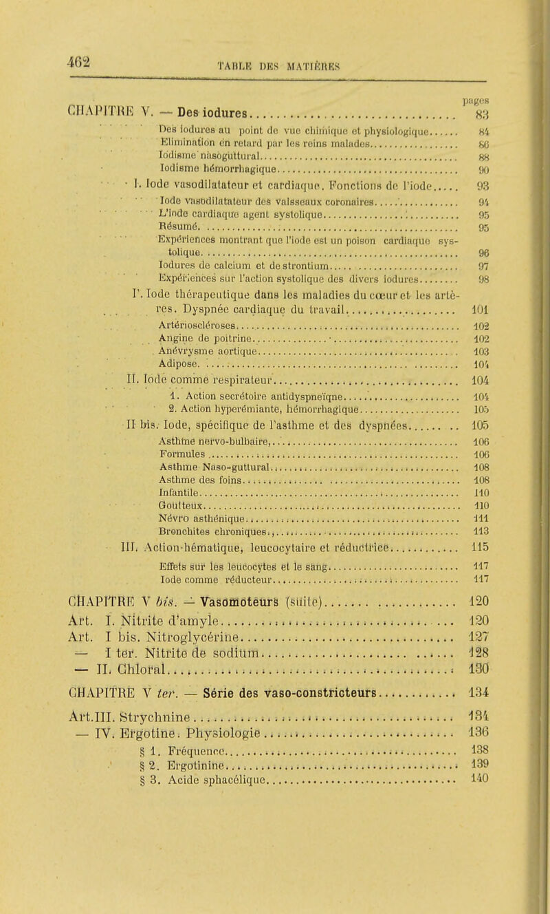CIIA PITHK V. - Des iodures 83 Des iodui'cs au point de vue ciiiiiii(|ije et physiologique 84 Elimination cin retard par les reins malades 86 Iddisme niisoguttural 88 Todisme hémorrliagique 90 • I. Iode vanodilatatour et cardiaque. Fonctions de l'iode 93 lodo vnsDdilataleur des vaisseaux coronaires ' 94 L'Inde cardiaque agent systolique '. 95 Résumé 95 Expériences montrant que l'iode est un poison cardiaque sys- tolique 96 Iodures do calcium et de strontium 97 Expériences sur l'action systolique des divers iodures 98 r. Iode tliérapeutique dans les maladies du cœur et le» artè- res. Dyspnée cardiaque du travail 101 Artérioscléroses 102 Angine de poitrine • 102 Anévrysme aortique 103 Adipose. '. 104 II. Iode comme respirateur 104 1. Action secrétoire antidyspneïqne 104 ■ ' ■ 2. Action hyperémiante, hémorrliagique 105 II bis. Iode, spécifique de l'astlime et des dyspnées 105 Asthtae nervo-btilbaire,. 106 Formules 106 Asthme Naso-gutlural.. 108 Asthme des foins 108 Infantile 110 Goutteux 110 Névro asthénique lll Bronchites chroniques. i 113 III. Action-hématiqne, leucocytaire et réductrice 115 Effets sur les leUcocyteg et le sang W Iode comme réducteur > 117 CHAPITRE V bis. - VasomoteurS (suite). 120 Art. I. Nitrite d'amyle 120 Art. I bis. Nitroglycérine 127 —■ I ter. Nitrite de sodium 'J28 — IL Ghloral 130 CHAPITRE V ter. —- Série des vaso-constricteurs 134 Art.III. Strychnine IS't — IV. Ergotine. Physiologie 136 g 1. Fréquence ; 138 § 2. Ergotininc 139 § 3. Acide sphacélique 140
