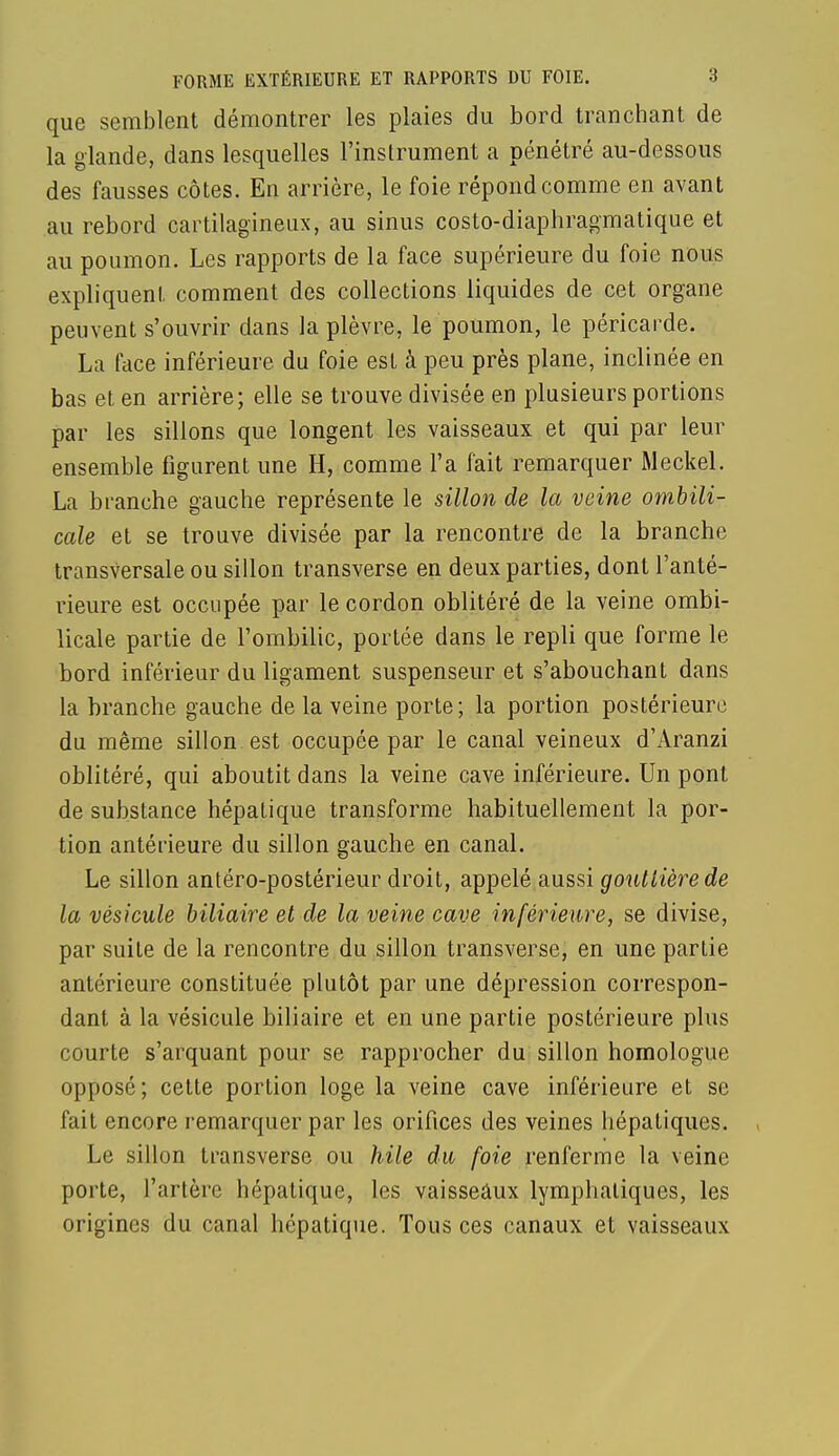 que semblent démontrer les plaies du bord tranchant de la glande, dans lesquelles l'instrument a pénétré au-dessous des fausses côtes. En arrière, le foie répond comme en avant au rebord cartilagineux, au sinus costo-diaphragmatique et au poumon. Les rapports de la face supérieure du foie nous expliquent comment des collections liquides de cet organe peuvent s'ouvrir dans la plèvre, le poumon, le péricarde. La face inférieure du foie est à peu près plane, inclinée en bas et en arrière; elle se trouve divisée en plusieurs portions par les sillons que longent les vaisseaux et qui par leur ensemble figurent une H, comme l'a fait remarquer Meckel. La branche gauche représente le sillon de la veine ombili- cale et se trouve divisée par la rencontre de la branche transversale ou sillon transverse en deux parties, dont l'anté- rieure est occupée par le cordon oblitéré de la veine ombi- licale partie de l'ombilic, portée dans le repli que forme le bord inférieur du ligament suspenseur et s'abouchant dans la branche gauche de la veine porte; la portion postérieure du même sillon est occupée par le canal veineux d'Aranzi oblitéré, qui aboutit dans la veine cave inférieure. Un pont de substance hépatique transforme habituellement la por- tion antérieure du sillon gauche en canal. Le sillon antéro-postérieur droit, appelé aussi gouttière de la vésicule biliaire et de la veine cave inférieure, se divise, par suite de la rencontre du sillon transverse, en une partie antérieure constituée plutôt par une dépression correspon- dant à la vésicule biliaire et en une partie postérieure plus courte s'arquant pour se rapprocher du sillon homologue opposé; cette portion loge la veine cave inférieure et se fait encore remarquer par les orifices des veines hépatiques. Le sillon transverse ou hile du foie renferme la veine porte, l'artère hépatique, les vaisseaux lymphatiques, les origines du canal hépatique. Tous ces canaux et vaisseaux