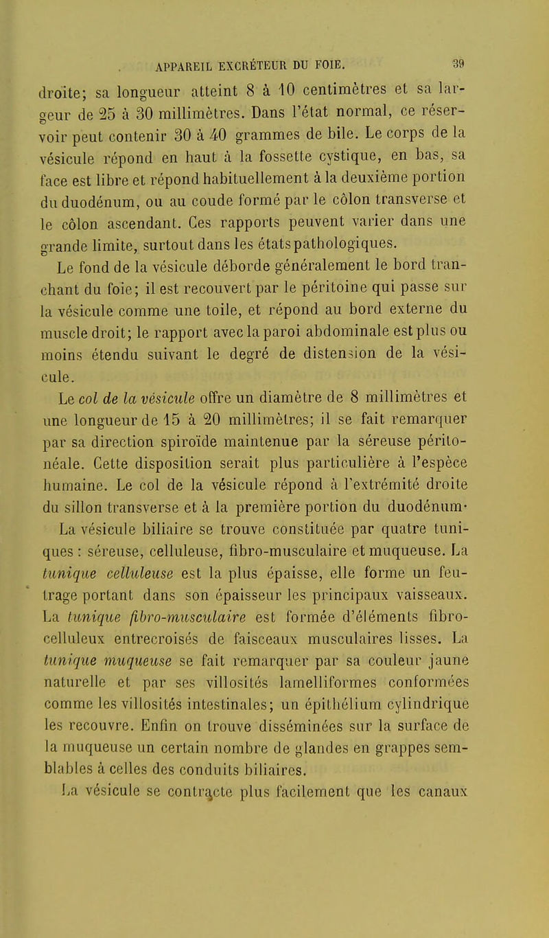 droite; sa longueur atteint 8 à 10 centimètres et sa lar- geur de 25 à 30 millimètres. Dans l'état normal, ce réser- voir peut contenir 30 à 40 grammes de bile. Le corps de la vésicule répond en haut a la fossette cystique, en bas, sa face est libre et répond habituellement à la deuxième portion du duodénum, ou au coude formé par le côlon transverse et le côlon ascendant. Ces rapports peuvent varier dans une grande limite, surtout dans les états pathologiques. Le fond de la vésicule déborde généralement le bord tran- chant du foie; il est recouvert par le péritoine qui passe sur la vésicule comme une toile, et répond au bord externe du muscle droit; le rapport avec la paroi abdominale est plus ou moins étendu suivant le degré de distension de la vési- cule. Le col de la vésicule offre un diamètre de 8 millimètres et une longueur de 15 à 20 millimètres; il se fait remarquer par sa direction spiroïde maintenue par la séreuse périto- néale. Cette disposition serait plus particulière à l'espèce humaine. Le col de la vésicule répond à l'extrémité droite du sillon transverse et à la première portion du duodénum- La vésicule biliaire se trouve constituée par quatre tuni- ques : séreuse, celluleuse, fibro-musculaire et muqueuse. La tunique celluleuse est la plus épaisse, elle forme un feu- trage portant dans son épaisseur les principaux vaisseaux. La tunique fibro-musculaire est formée d'éléments fibro- celluleux entrecroisés de faisceaux musculaires lisses. La tunique muqueuse se fait remarquer par sa couleur jaune naturelle et par ses villosités lamelliformes conformées comme les villosités intestinales; un épithélium cylindrique les recouvre. Enfin on trouve disséminées sur la surface de la muqueuse un certain nombre de glandes en grappes sem- blables à celles des conduits biliaires. La vésicule se contracte plus facilement que les canaux