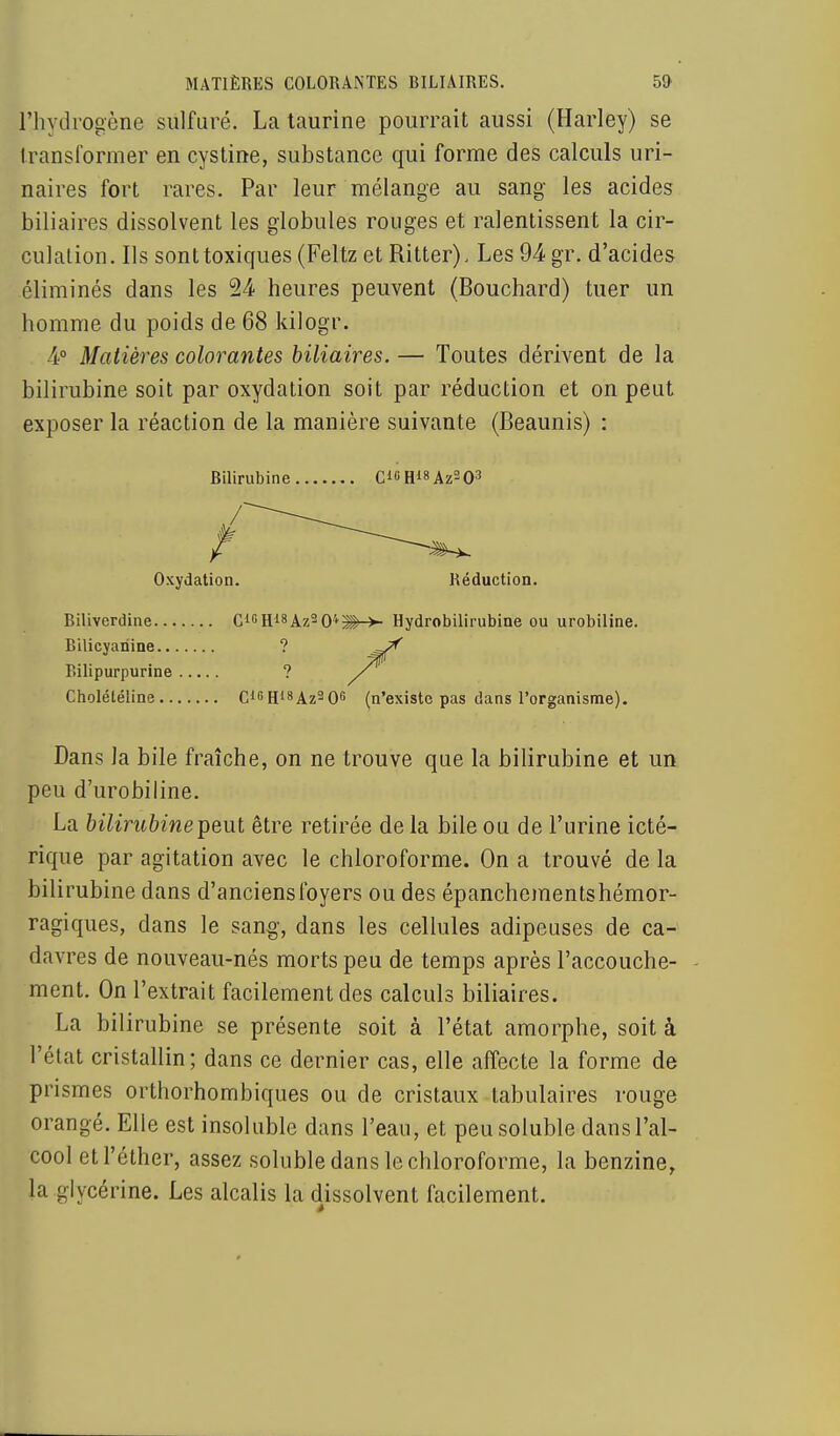 l'hydrogène sulfuré. La taurine pourrait aussi (Harley) se transformer en cystine, substance qui forme des calculs uri- naires fort rares. Par leur mélange au sang les acides biliaires dissolvent les globules rouges et ralentissent la cir- culation. Us sont toxiques (Feltz et Ritter), Les 94 gr. d'acides éliminés dans les 24 heures peuvent (Bouchard) tuer un homme du poids de 68 kilogr. 4° Matières colorantes biliaires. — Toutes dérivent de la bilirubine soit par oxydation soit par réduction et on peut exposer la réaction de la manière suivante (Beaunis) : Bilirubine CiGH*8Az2 03 Oxydation. Réduction. Biliverdine CICH18Az20'*^->- Hydrobilirubine ou urobiline. Bilicyariine ? Bilipurpurine ? / Cholétéline C1GH18Az206 (n'existe pas dans l'organisme). Dans la bile fraîche, on ne trouve que la bilirubine et un peu d'urobiline. La bilirubine peut être retirée de la bile ou de l'urine icté- rique par agitation avec le chloroforme. On a trouvé de la bilirubine dans d'anciens foyers ou des épanchementshémor- ragiques, dans le sang, dans les cellules adipeuses de ca- davres de nouveau-nés morts peu de temps après l'accouche- ment. On l'extrait facilement des calculs biliaires. La bilirubine se présente soit à l'état amorphe, soit à l'état cristallin; dans ce dernier cas, elle affecte la forme de prismes orthorhombiques ou de cristaux tabulaires rouge orangé. Elle est insoluble dans l'eau, et peusoluble dans l'al- cool etl'éther, assez soluble dans le chloroforme, la benzine, la glycérine. Les alcalis la dissolvent facilement.