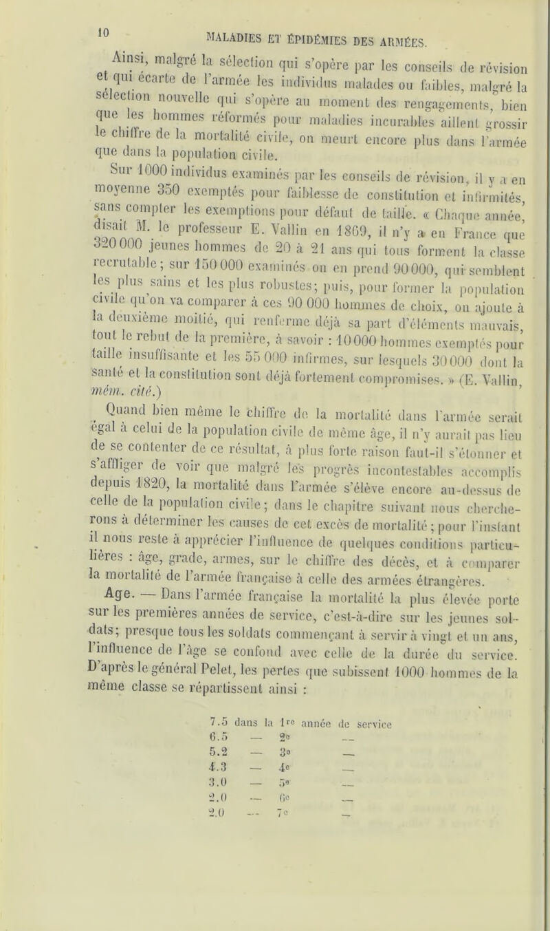 Ainsi, maigre la scleclion qui s’opère par les conseils de révision e qm écarté de l’armée les individus malades ou laildes, malirré la seleclion nouvelle qui s’opère au moment des rengagements,' bien que les hommes rélbrmés pour maladies incurables aillent grossir G cbiirre de la mortalité civile, on meurt encore plus dans l'armée que dans la population civile. Sur lOOOjndividus examinés par les conseils de révision, il y a en moyenne 350 exemptés pour faible.sse de constitution et inlirmités, sans compter les exemptions pour défaut de taille. « Chaque année’ professeur E. Vallin en 1809, il n’y a en France que 3_0 000 jeunes hommes de 20 à 21 ans qui tons forment la classe lecrutahle; sur 150 000 examinés on en prend 90000, qui semblent les plus sains et les plus robustes; puis, pour former la population civile (lu ou va comparer à ces 90 000 hommes de choix, on ajoute à a deuxieme moitié, qui renferme déjà sa part d’éléments mauvais tout le rebut de la première, à savoir : 10000 hommes exemptés pour faille insuflisante et les 55 000 iiilirines, sur lesquels 30000 dont la sanie et la conslilulion sont déjà forleineiil compromises. » (E. Vallin méni. cite.) ' ’ _ Quand bien môme le cliifiVe de la mortalité dans Farmée serait égal à celui de la population civile de même âge, il n’y aurait pas lieu ce se contenter de ce résultat, à plus forte raison faut-il s’étonner et s aftliger de voir que malgré les progrès incontestables accomplis epuis 1820, la mortalité dans l’armée s’élève encore au-dessus de celle de la population civile ; dans le chapitre suivant nous cherche- rons à déterminer les i;auses de. cet excès de mortalité ; pour l’instant il nous reste a apprécier rinnuence de queh|ues conditions particu- lières . âge, grade, armes, sur le chiffre des décès, et à comparer la moitalité de 1 armée Irançaise à celle des armées étrangères. A^g* Dans 1 armée française la mortalité la plus élevée porte sui les premières années de service, c’est-à-dire sur les jeunes sol- dats; presque tous les soldats commençant à servir à vingt et un ans, 1 influence de 1 âge se confond avec celle de la durée du service. D après le général Pelel, les perles que subissent 1000 hommes de la même classe se répartissent ainsi : 7.5 (tans 1; i Ire année do service 0.5 — 2o 5.2 — 3» 4.3 — 3.0 — 5« 2.0 -- (io 2.0