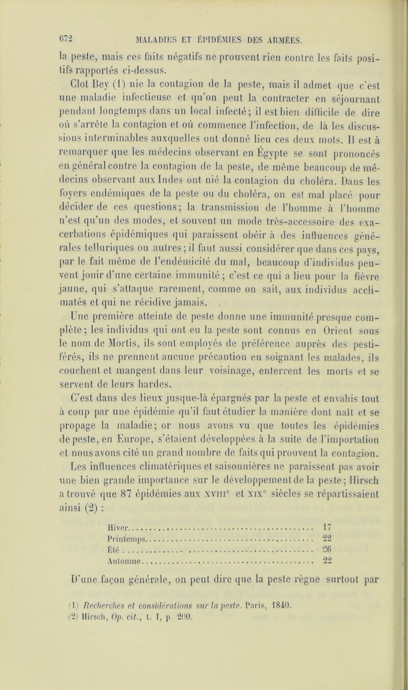 la peslc, mais ccs laits négatifs ne prouvent rien contre les faits posi- tifs rapportés ci-clessiis. Clôt Hey (1) nie la contagion de la peste, mais il admet que c'est une maladie infectieuse et (pi’on peut la contracter en séjournant pendant longtemps dans un local infecté; il est bien dilïicile de dire où s’arrête la contagion et où commence rinfection, de là les discus- sions interminables au.\(pielles ont donné lieu ces deux mots. Il est à remarquer (pie les médecins observant en Égypte se sont prononcés en général contre la contagion de la peste, de même beaucoup de mé- decins observant aux Indes ont nié la contagion du choléra. Dans les foyers endémiques de la peste on dn cboléra, on est mal placé pour décider de ces questions; la transmission de riiomme à riiomme n’est qu’un des modes, et souvent un mode très-accessoire des exa- cerbations épidémiques qui paraissent obéir à des influences géné- rales telluriipies ou autres; il faut aussi considérer que dans ces pays, par le fait même de reiidéinicilé du mal, beaucoup d’individus peu- vent jouir d’une certaine immunité; c’est ce qui a lieu pour la fièvre Jaune, qui s’attaque rarement, comme on sait, aux individus accli- matés et qui ne récidive jamais. Une première atteinte de peste donne une immunité presipie com- plète; les individus qui ont eu la peste sont connus en Orient sous le nom de Mortis, ils sont employés de préférence auprès des pesti- férés, ils ne prennent aucune précaution en soignant les malades, ils couchent et mangent dans leur voisinage, enterrent les morts et se servent de leurs hardes. C’est dans dos lieux jusque-là épargnés par la peste et envahis tout à coup par une épidémie qu’il faut étudier la manière dont naît et se propage la maladie; or nous avons vu que toutes les épidémies de peste, en Europe, s’étaient développées à la suite de l’iniportalion et nous avons cité un grand nombre de faits qui prouvent la contagion. Les iniluences climatériques et saisonnières ne paraissent jias avoir une bien grande importance sur le développement de la peste; Hirsch a trouvé que 87 épidémies aux xviiD et xix“ siècles se répartissaient ainsi (^2) ; Hiver Étl! . ' .... 26 D’une fa(,'on générale, on peut dire (juo la peste i Il Rocherchat et considéralinns surlapesle. l'aris, 18-10. 2) llirscli, Op. cil., t. 1, P 200. ’ègne surtout par