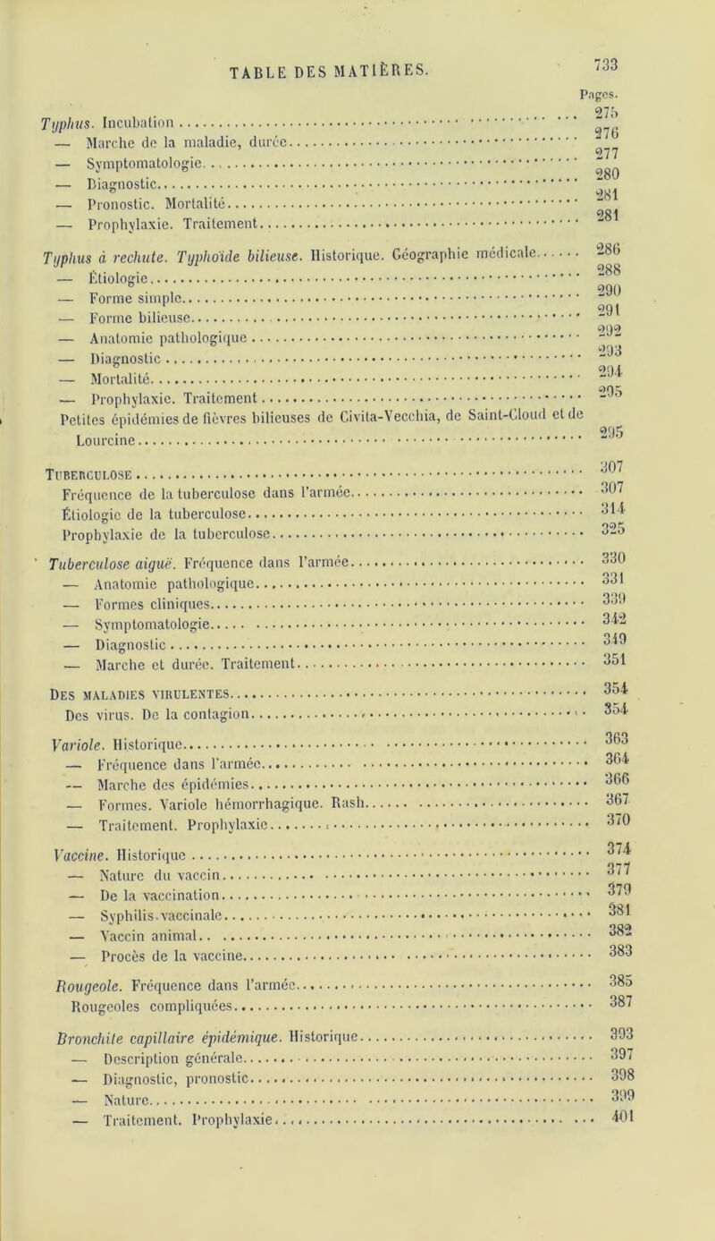 Typhus. Incubation — Marche de la maladie, durée — Symptomatologie. — Diagnostic — Pronostic. Mortalité — Prophylaxie. Traitement.... P.igcs. 273 27C 277 280 281 281 Typhus à rechute. Typhoide bilieuse. Historique. Géographie médicale — Étiologie — Forme simple — Forme bilieuse — Anatomie pathologique — Diagnostic — Mortalité — Prophylaxie. Traitement Petites épidémies de fièvres hilieuses de Civita-Vecchia, de Saint-Cloud et de Lourcine 286 288 290 291 292 293 29-1 295 295 Fréquence de la tuberculose dans l’armée Étiologie de la tuberculose Prophylaxie de la tuberculose ' Tuberculose aiguë. Fréquence dans l’armée — Anatomie pathologique — Formes cliniques — Symptomatologie — Diagnostic — Marche et durée. Traitement Des mal.\dies virulentes Des virus. De la contagion - • Variole. Historique — Fréquence dans l’armée — Marche des épidémies — Formes. Variole hémorrhagique. Rash — Traitement. Prophylaxie Vaccine. Historique — Nature du vaccin — De la vaccination — Syphilis, vaccinale — Vaccin animal — Procès de la vaccine Rougeole. Fréquence dans l’armée Rougeoles compliquées Bronchite capillaire épidémique. Historique — Description générale — Diagnostic, pronostic — Nature — Traitement. Prophylaxie... 307 307 311 325 330 331 339 342 319 351 354 354 363 364 366 367 370 374 377 379 381 382 383 385 387 393 397 398 399 401