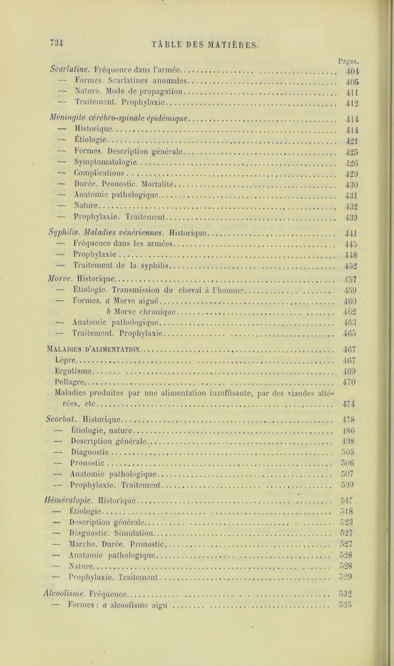P.1SCS. Scarlatine. Eréqiiencc clans rannéo 404 — Formes. Scarlatines anomales 405 — Nature. Mode de propagation 4I1 — Traitement. Prophylaxie 412 Méningile cérébro-spinale épidémique .ü i, — Historique 414 — Étiologie .421 — Formes. Description générale 425 — Symptomatologie 420 — Coinplicatiotis 429 — Durée. Pronostic. Mortalité 430 — Anatomie pathologique 431 — Nature .432 — Prophylaxie. Traitement 439 Sijphilis. Maladies vénériennes. Historique 411 “ Fré(iucnce dans les armées 415 —• Prophylaxie 418 — Traitement de la syphilis 45:2 Morve. Historique 157 — Étiologie. Transmission du cheval à l'Iiommo 159 — Formes, a Morve aiguë 460 h Jlorve chronique 40- — Anatomie pathologique 103 — Traitement. Prophylaxie 405 Maladies d’alimentation 107 Lèpre 407 Ergotisme 409 Pellagre 470 Maladies produites par une alimentation insufdsante, par des viandes alté- rées, etc.., .47-1 Scorbut. Historique — Étiologie, nature — Description générale — Diagnostic — Pronostic — Anatomie |)alhologique... — Propliylaxic. Traitement.. Héméralopie. Historique — Etiologie — Description générale — Diagnostic. Simulation.... — Marche. Durée. Pronostic. — Anatomie pathologiipic.. . — Nature — Prophylaxie. Traitement.. Alcoolisine. Fi'éqncnce — Foi incs : a alcoolisme aigu 178 ISO 198 505 50G 507 599 5ir 518 523 .527 .5-27 528 528 .529 532 j!)