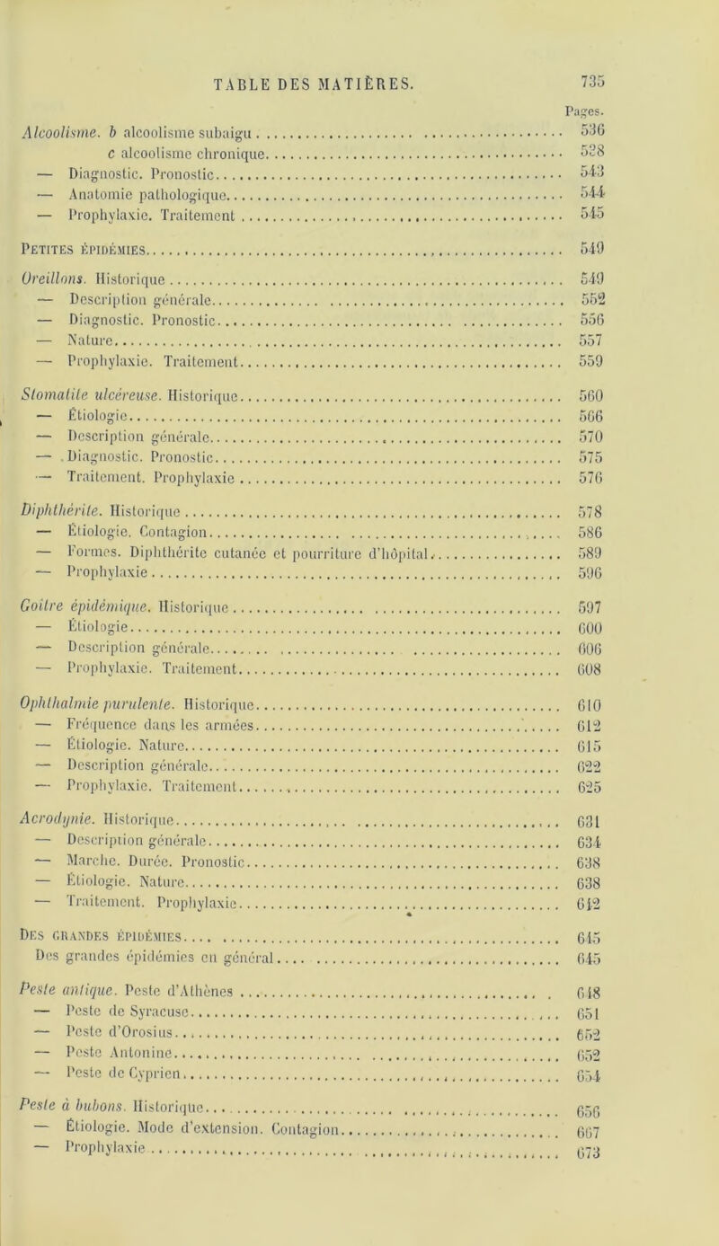 Pages. Alcoolisme. 6 alcoolisme subaigu 536 C alcoolisme clironique 528 — Diagnostic. Pronostic 54-3 — Anatomie pathologique 544 — Prophylaxie. Traitement 545 Petites épidémies 540 Oreillons. Historique 540 — Description générale 552 — Diagnostic. Pronostic 556 — Nature 557 — Prophylaxie. Traitement 550 Slomalile ulcéreuse. Historique 560 — Étiologie 566 — Description générale 570 — Diagnostic. Pronostic 575 — Traitement. Prophylaxie 576 Diplitliérile. Historique 578 — Etiologie. Contagion 586 — rormos. Diplithéritc cutanée et pourriture cl’hùiiitaL .580 — Prophylaxie 506 Goitre épidémique. Histori([ue 507 — Étiologie GOO — Description générale 606 — Prophylaxie. Traitement 608 Ophlhalmie purulente. Historique 610 — Fréquence dans les armées 612 — Étiologie. Nature 615 — Description générale 622 — Prophylaxie. Traitement 625 Acrodynie. Historique 631 — Description générale 634 — Marche. Durée. Pronostic 638 — Étiologie. Nature 638 — Traitement. Prophylaxie 6i-2 « Des eu.v.xdes épidémies 615 Des grandes épidémies en général 645 Pe.sle aniique. Peste d’Athènes 618 — Peste de Syracuse 651 — Peste d’Orosius gôo — Peste .\ntouine (;)2 — Peste de Cyprien 654 Peste à bubons. Histori()Ue 656 — Étiologie. Mode d’extension. Contagion 667 — Prophylaxie g73