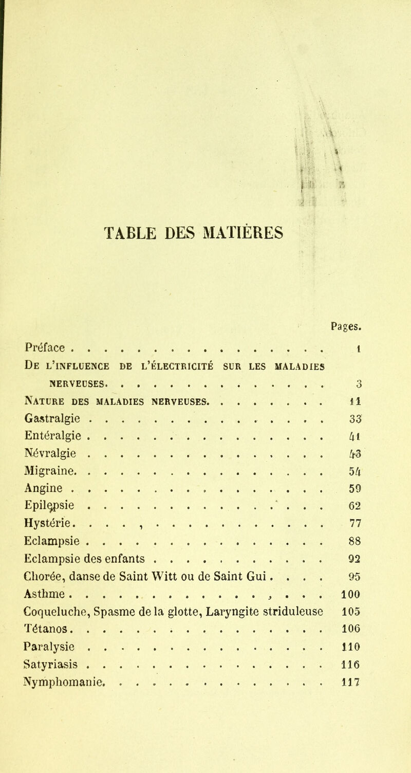 TABLE DES MATIÈRES Pages. Préface i De l'influence de l'électricité sur les maladies nerveuses 3 Nature des maladies nerveuses il Gastralgie 33 Entéralgie 41 Névralgie /^a Migraine 5^ Angine , 59 Epil^sie 62 Hystérie. . . . , 77 Eclampsie 88 Eclampsie des enfants 92 Cliorée, danse de Saint Witt ou de Saint Gui.... 95 Asthme................ 100 Coqueluche, Spasme de la glotte, Laryngite striduleuse 105 Tétanos 106 Paralysie 110 Satyriasis 116 Nymphomanie. 117