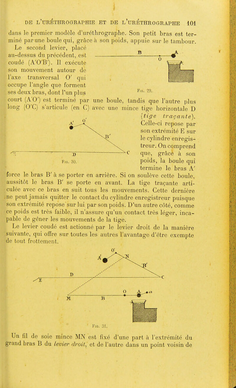 0 1 FiG. 29. DE L'urÉTHROGRAPHIB ET DE l'urÉTHROGRAPHE 101 dans le premier modèle d'urétlirographe. Son petit bras est ter- miné par une boule qui, grâce à son poids, appuie sur le tambour. Le second levier, placé au-dessus du précédent, est coudé (A'O'B'). Il exécute son mouvement autour de l'axe transversal 0' qui occupe l'angle que forment ses deux bras, dont l'un plus court (A'O') est terminé par une boule, tandis que l'autre plus long (O'C) s'articule (en C) avec une mince tige horizontale D {tige traçante). Celle-ci repose par son extrémité E sur le cylindre enregis- treur. On comprend que, grâce à son poids, la boule qui termine le bras A' force le bras B' à se porter en arrière. Si on soulève cette boule, aussitôt le bras B' se porte en avant. La tige traçante arti- culée avec ce bras en suit tous les mouvements. Cette dernière ne peut jamais quitter le contact du cylindre enregistreur puisque son extrémité repose'sur lui par son poids. D'un autre côté, comme ce poids est très faible, il n'assure qu'un contact très léger, inca- pable de gêner les mouvements de la tige. Le levier coudé est actionné par le levier droit de la manière suivante, qui offre sur toutes les autres l'avantage d'être exempte de tout frottement. Kio. 0 Un fd de soie mince MN est fixé d'une part à l'extrémité du grand bras B du levier droit, et de l'autre dans un point voisin de