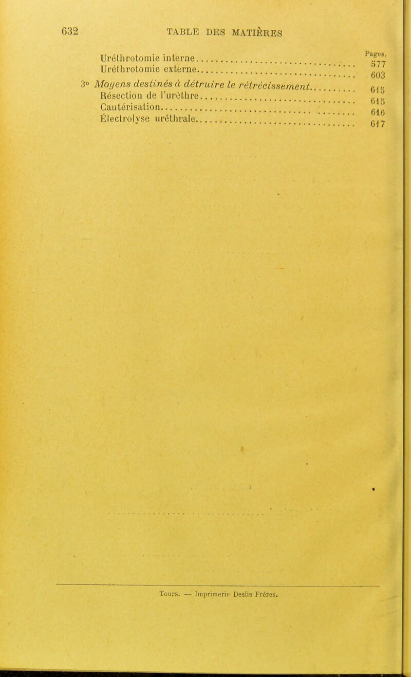 Uréthrotomie inlerne ''f!^' Uréthrolomie externe oOJ 3» Moijens destinés à détruire le rétrécissement g^g Résection (Je l'urèLhre ' ' Cautérisation Électrolyse uréthrale Tours. — Imprimerie Deslis Frères.