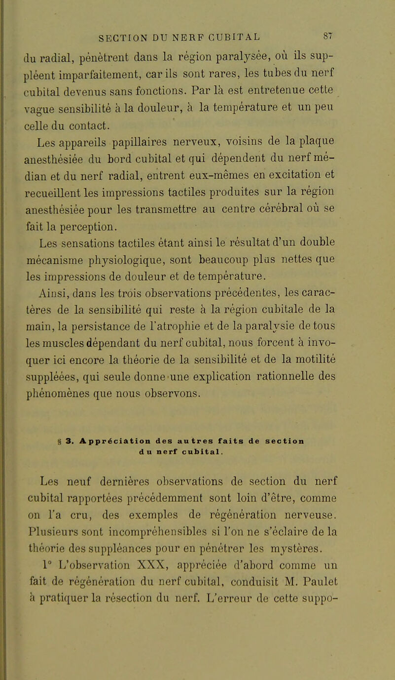 du radial, pénètrent dans la région paralysée, où ils sup- pléent imparfaitement, car ils sont rares, les tubes du nerf cubital devenus sans fonctions. Par là est entretenue cette vague sensibilité à la douleur, à la température et un peu celle du contact. Les appareils papillaires nerveux, voisins de la plaque anesthésiée du bord cubital et qui dépendent du nerf mé- dian et du nerf radial, entrent eux-mêmes en excitation et recueillent les impressions tactiles produites sur la région anesthésiée pour les transmettre au centre cérébral où se fait la perception. Les sensations tactiles étant ainsi le résultat d'un double mécanisme physiologique, sont beaucoup plas nettes que les impressions de douleur et de température. Ainsi, dans les trois observations précédentes, les carac- tères de la sensibilité qui reste à la région cubitale de la main, la persistance de l'atrophie et de la paralysie de tous les muscles dépendant du nerf cubital, nous forcent à invo- quer ici encore la théorie de la sensibilité et de la motilité suppléées, qui seule donne'une explication rationnelle des phénomènes que nous observons. § 3. Appréci&tion des autres faits de section d u nerf cubital. Les neuf dernières observations de section du nerf cubital rapportées précédemment sont loin d'être, comme on l'a cru, des exemples de régénération nerveuse. Plusieurs sont incompréhensibles si l'on ne s'éclaire de la théorie des suppléances pour en pénétrer les mystères. 1° L'observation XXX, appréciée d'abord comme un fait de régénération du nerf cubital, conduisit M. Paulet h pratiquer la résection du nerf. L'erreur de cette suppo-