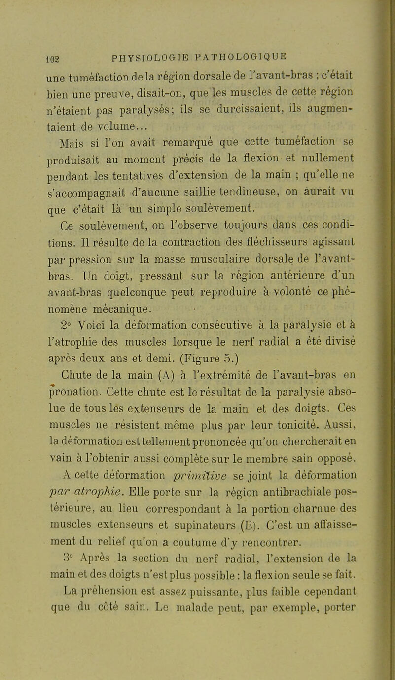 une tuméfaction delà région dorsale de l'avant-bras ; c'était bien une preuve, disait-on, que les muscles de cette région n'étaient pas paralysés; ils se durcissaient, ils augmen- taient de volume... Mais si l'on avait remarqué que cette tuméfaction se produisait au moment précis de la flexion et nullement pendant les tentatives d'extension de la main ; qu'elle ne s'accompagnait d'aucune saillie tendineuse, on aurait vu que c'était là un simple soulèvement. Ce soulèvement, on l'observe toujours dans ces condi- tions. Il résulte de la contraction des fléchisseurs agissant par pression sur la masse musculaire dorsale de l'avant- bras. Un doigt, pressant sur la région antérieure d'un avant-bras quelconque peut reproduire à volonté ce phé- nomène mécanique. 2° Voici la déformation consécutive à la paralysie et à l'atrophie des muscles lorsque le nerf radial a été divisé après deux ans et demi. (Figure 5.) Chute de la main (A) à. l'extrémité de l'avant-bras en pronation. Cette chute est le résultat de la paralysie abso- lue de tous les extenseurs de la main et des doigts. Ces muscles ne résistent même plus par leur tonicité. Aussi, la déformation est tellement prononcée qu'on chercherait en vain à l'obtenir aussi complète sur le membre sain opposé. A cette déformation primitive se joint la déformation par atrophie. Elle porte sur la région antibrachiale pos- térieure, au lieu correspondant à la portion charnue des muscles extenseurs et supinateurs (B). C'est un affaisse- ment du relief qu'on a coutume d'y rencontrer. 3° Après la section du nerf radial, l'extension de la main et des doigts n'est plus possible : la flex ion seule se fait. La préhension est assez puissante, plus faible cependant que du côté sain. Le malade peut, par exemple, porter