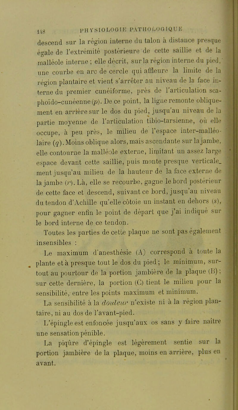 descend sur la région interne du talon à distance presque égale de l'extrémité postérieure de cette saillie et de la malléole interne ; elle décrit, sur la région interne du pied, une courbe en arc de cercle qui affleure la limite de la région plantaire et vient s'arrêter au niveau de la face in- terne du premier cunéiforme, près de l'articulation sca- phoïdo-cunéenne(p). De ce point, la ligne remonte oblique- ment en arrière sur le dos du pied, jusqu'au niveau de la partie moyenne de l'articulation tibio-tarsienne, où elle occupe, à peu près, le milieu de l'espace inter-malléo- laire (q). Moins oblique alors, mais ascendante sur la jambe, elle contourne la malléole externe, limitant un assez large espace devant cette saillie, puis mcmte presque verticale, ment jusqu'au milieu de la bauteur de la face externe de la jambe (r). Là, elle se recourbe, gagne le bord postérieur de cette face et descend, suivant ce bord, jusqu'au niveau du tendon d'Acliille qu'elle côtoie un instant en dehors (*), pour gagner enfin le point de départ que j'ai indiqué sur le bord interne de ce tendon. Toutes les parties de cette plaque ne sont pas également insensibles : Le maximum d'anesthésie (A) correspond à toute la plante et à presque tout le dos du pied ; le minimum, sur- tout au pourtour de la portion jambière de la plaque (li) ; sur cette dernière, la portion (G) tient le milieu pour la sensibilité, entre les points maximum et minimum. La sensibilité à la douleur n'existe ni à la région plan- taire, ni au dos de l'avant-pied. L'épingle est enfoncée jusqu'aux os sans y faire naître une sensation pénible. La piqûre d'épingle est légèrement sentie sur la portion jambière delà plaque, moins en arrière, plus en avant.