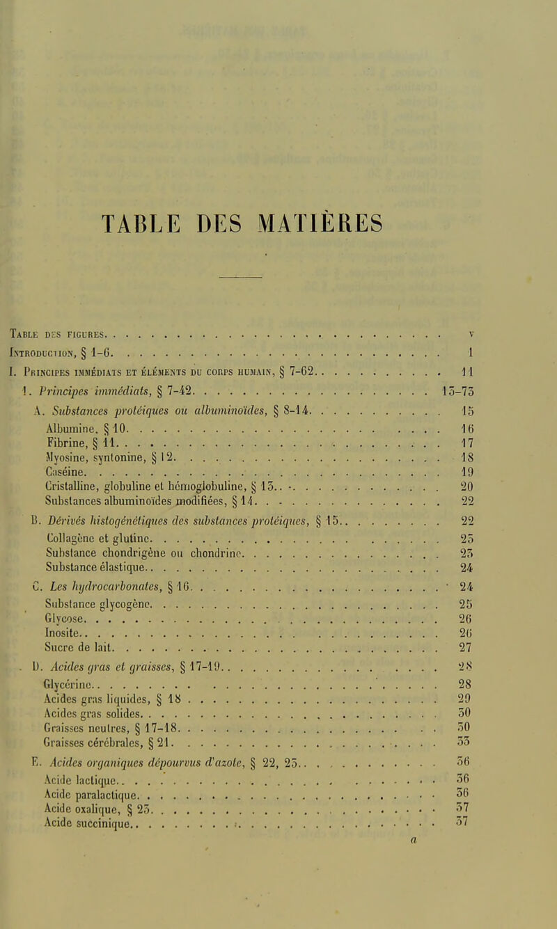 TABLE DES MATIÈRES Table des figures v Introduction, § 1-G 1 I. Principes immédiats et éléments du corps humain, § 7-62 H !. Principes immédiats, § 7-42 15-73 A. Substances proléiques on albiiminoïdes, § 8-14 15 Albumine, § 10 16 Fibrine, §11 17 iMyosine, syntonine, § 12 18 C:iséine 19 Cristalline, globuline et hômoglobuline, § 15.. • 20 Substances albuminoïdes modifiées, § 14 22 B. Dérivés histogénétiqiies des substances proléiques, § 15 22 Collagènc et glutinc 25 Substance chondrigène ou chondrinc 25 Substance élastique 24 C. Les hydrocarbonates, § 10 '24 Substance glycogènc 25 Glycose 26 Inosite 26 Sucre de lait 27 . D. Acides (jras et graisses, ^ 28 Glycérine 28 Acides gras liquides, § 18 29 Acides gras solides 50 Graisses neutres, § 17-18 50 Graisses cérébrales, § 21 55 E. Acides organiques dépourvus d'azote, § 22, 25 56 .\.cide lactique 36 Acide paralactiquc 36 Acide oxalique, § 25 37 Acide succiniquc • 37 a