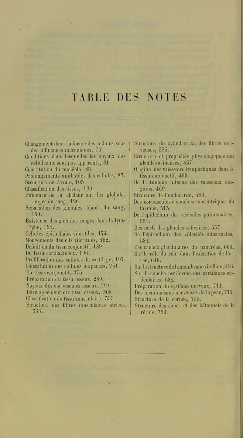 Changement dans la forme des cellules sous des inilucnces mécaniques, 7G. Conditions dans lesquelles les noyaux des cellules ne sont pas apparents, 81. Constitution du nucléole, 85. Prolongements amiboïdes des cellules, 87. Structure de l'ovule, 105. Classification des tissus, 120. Influence de la chaleur sur les globules rouges du sang, 126. Séparation des globules blancs du sang, 150. Existence des globules rouges dans la lym- ^phe, iU. Cellules épithéliales vibratiles, 174. Mouvements des cils vibratiles, 182. Définition du tissu conjonctif, 189. Du tissu cartilagineux, 196. Prolifération des cellules de cartilage, 197. Constitution des cellules adipeuses, 251. Uu tissu conjonctif, 275. Préparation du tissu osseux, 289. Noyaux des corpuscules osseux, 291. Développement du tissu osseux, 508. Classification du tissu musculaire, 555. Structure des fibres musculaires striées, 566, Sliuclure du cylindre-axe des fibres ner- veuses, 5S5. Structure et propriétés pliysioiogiques des glandes acineuses, 457. Origine des vaisseaux lymphatiques dans le tissu conjonctif, 460. De la tunique interne des vaisseaux san- guins, 469. Structure de l'endocarde, 489. Des corpuscules à couches concentriques du th\mus, 515. De l'épilhélium des vésicules pulmonaires, 551. Des nerfs des glandes salivaires, 557. De l'épithélium des villosilés intestinales, 581. Des canaux glandulaires du pancréas, 600. Sui le rôle du rein dans l'excrétion de l'u- rée, 640. Surlastructuredela membrane vitelline, 646. Sui' la couche ossiforrae des cartilages ar- ticulaires, 082. Préparation du système nerveux, 711. Des terminaisons nerveuses de la peau, 717. Structure de la cornée, 755. Structure des cônes et des bâtonnets de la réline, 750.