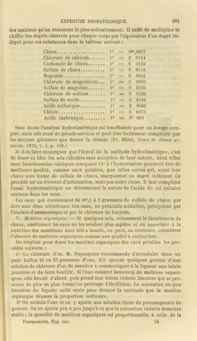 des matières qu’on rencontre le plus ordinairement. 11 suffit de multiplier le chiffre des degrés observés pour chaque corps par l’équivalent d’un degré in- diqué pour ces substances dans le tableau suivant : Chaux 1® =: Oi^OOST Chlorure de calcium I® = 0 Otli Carbonate de chaux 1® = 0 0103 Sulfate de chaux I® = 0 0140 Magnésie 1® = 0 0042 Chlorure de magnésium... 1® = 0 0000 Sulfate de magnésie t® = 0 0123 Chlorure de sodium 1® = 0 0120 Sulfate de soude 1» = 0 0140 Acide sulfurique 1® = 0 0082 Chlore l® = 0 0073 Acide carbonique 1® = 0* 005 Sans doute l’analyse hydrolimétrique est insuffisante pour un dosage com- plet, mais elle rend de grands services et peut être facilement complétée par les moyens généraux que donne la chimie. (Fr. Ilélet, Cours de chimie gé- nérale, 1875, t. I, p. 108.) Je dois faire remarquer que l’écueil de la méthode hydrolimétrique, c'est de doser en bloc les sels calcaires sans acception de leur nature. Ainsi telles eaux bicarbonatées calciques marquant 25® à l’hydrotimètre pourront être de meilleure qualité, comme eaux potables, que telles autres qui, ayant leur chaux sous forme de sulfate de chaux, marqueront un degré inférieur. Ce procédé est un élément d’information, mais pas autre chose. II faut compléter l’essai hydrotimétrique en déterminant la nature de l’acide du sel calcaire contenu dans les eaux. Les eaux qui contiennent de 0^,5 à 2 grammes de sulfate de chaux par litre sont dites sèh'niteuses. Ces eaux, au préalable acidulées, précipitent par l’oxalate d’ammoniaque et par le chlorure de baryum. V. Matières organiques. — Si quelques sels, notamment le bicarbonate de chaux, améliorent les eaux en les rendant plus sapides et en apportant à la nutrition des matériaux dont elle a besoin, on peut, au contraire, considérer l’absence de matières organiques comme une qualité à rechercher. On emploie pour doser les matières organiques des eaux potables les pro- cédés suivants : t® Le chlorure d'or. M. Dupasquier recommande d’introduire dans un petit ballon 20 ou 23 grammes d’i au, d’y ajouter quelques gouttes d’une solution de chlorure d’or, de manière à communiquer à la liqueur une teinte jaunûtre et de faire bouillir. Si l’eau contient beaucoup de matières organi- ques, elle brunit d’abord, puis prend une teinte violette bleuâtre qui se pro- nonce de plus en plus lorsqu'on prolonge l’ébullition. La coloration un peu brunâtre du liquide suffit seule pour donner la certitude que la matière organique dépasse la proportion ordinaire. 2® On acidulé l’eau et on y ajoute une solution titrée de permanganate de potasse. On en ajoute peu à peu jusqu’à ce que la coloration violette demeure stable ; la quantité de matières organiques est proportionnelle à celle de la Fo.xs8agriv£8, Hyg. uav. 36