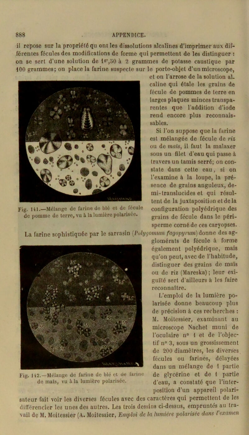 Fig. lil.—Mélange de farine de blé et de fécule de pomme de terre, vu à la lumière polarisée. il repose sur la propriété qu ont les dissolutions alcalines d'imprimer aux dif- férenies fécules des modifications de forme qui permettent de les distinguer : on se sert d’une solution de l8',o0 à 2 grammes de potasse caustique par tOO grammes; on place la farine suspecte sur le porte-objet d’un microscope, et on l’arrose de la solution al. câline qui étale les grains de fécule de pommes de terre en larges plaques minces transpa- rentes que l’addition d’iode rend encore plus reconnais- sables. Si l’on suppose que la farine est mélangée de fécule de riz ou de mats, il faut la malaxer sous un filet d’eau qui passe à travers un tamis serré; on con- state dans cette eau, si on l’examine à la loupe, la pré- sence de grains anguleux, de- mi-translucides et qui résul- tent de la juxtaposition et de la configuration polyédrique des grains de fécule dans le péri- sperme corné de ces caryopses. La farine sophistiquée par le sarrasin {Polygomitm fagopyrum) donne des ag- glomérats de fécule à forme également polyédrique, mais qu’on peut, avec de l’habitude, distinguer des grains de maïs ou de riz (Mareska) ; leur exi- guïté sert d’ailleurs à les faire reconnaître. L’emploi de la lumière po- larisée donne beaucoup plus de précision à ces recherches : .M. Moitessier, examinant au microscope Nachet muni de l’oculaire n“ 1 et de l’objec- tif n° 3, sous un grossissement de 200 diamètres, les diverses fécules ou farines, délayées dans un mélange de 1 partie de glycérine et de 1 partie d’eau, a constaté que l’inter- position d’un appareil polari- sateur fait voir les diverses fécules avec des caractères qui permettent de les différencier les unes des autres. Les trois dessins ci-dessus, empruntés au tra- vail de M. Moitessier (A. Moitessier, Emploi de la lumière polarisée dans l'examen Fig. 112. —Mélange de farine de blé et de larino de mais, vu à la lumière polarisée.