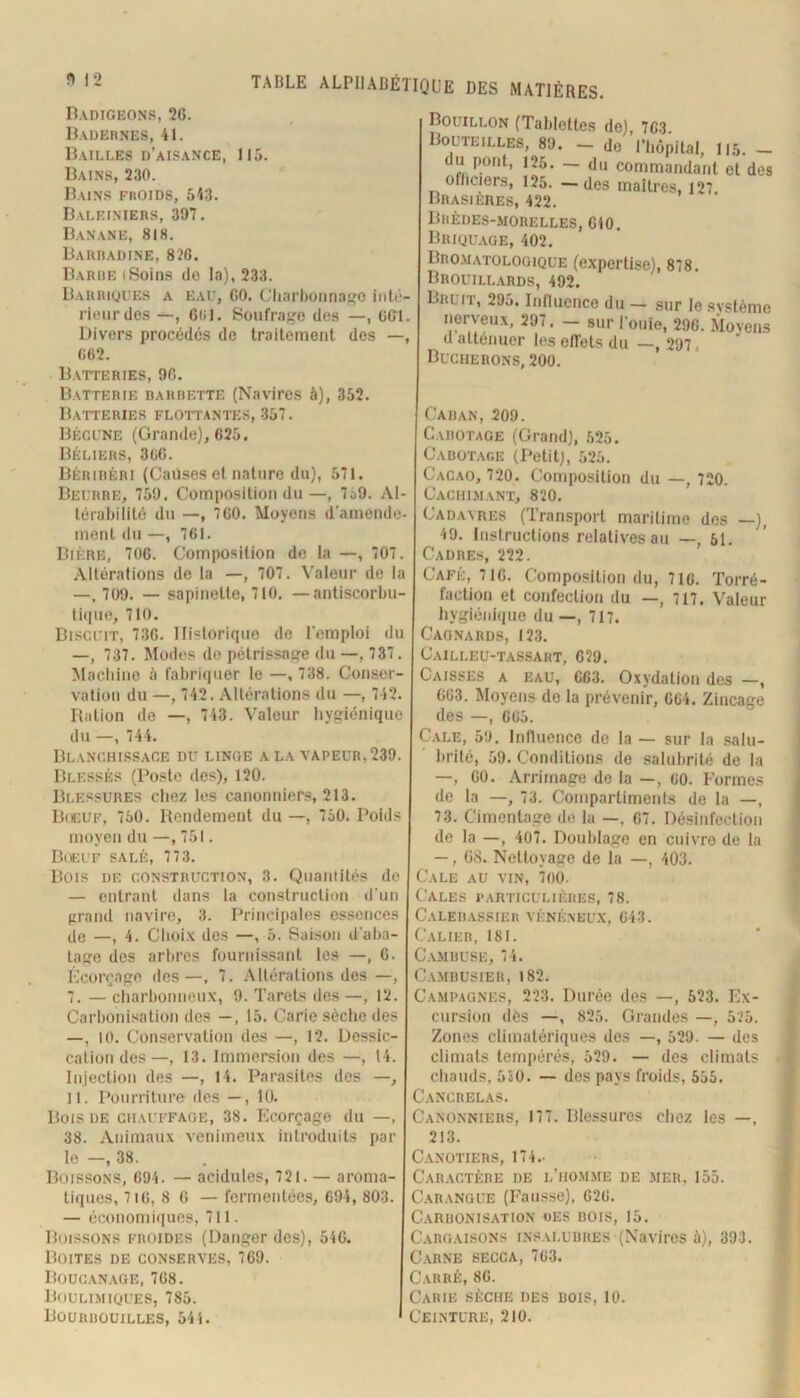 fl 12 Badigeons, 26. Badernes, 41. Bailles d’aisance, 115. Bains, 230. Bains froids, 543. Baleiniers, 397. Banane, 818. Barradine, 826. Barre (Soins de la), 233. Barriques a eau, 60. CliarBonnaffC inté- rieur des —, 6(il. Soufrage des —, 661. Divers procédés de traitement des —, 662. Batteries, 96. Batterie rahrette (Navires à), 352. Batteries floitantes,357. Bécune (Grande), 625. Béliers, 366. Bériréri (Cailses et nature du), 571. Beurre, 759. Composition du—, 759. Al térabilité du —, 760. Moyens d’amende mont du —, 761. Bière, 706. Composition de la —, 707 Altérations de la —, 707. Valeur de la —, 709. — sapinette, 710. — antiscorbu tique, 710. Biscuit, 736. Historique de l’emploi du —, 737. Modes do pétrissage du —, 737. Machine à fabriquer le —, 738. Conser- vation du —, 742. Altérations du —, 742. Ration de —, 743. Valeur hygiénique du —, 744. Blanchissage du linge a la vapeur, 239. Blessés (Poste des), 120. Blessures chez les canonniers, 213. Boeuf, 750. Rendement du —, 750. Poids moyen du —, 751. Boeuf salé, 773. Bois de construction, 3. Quanlités de — entrant dans la construction d’un grand navire, 3. Principales essences de —, 4. Choi.t des —, 5. Sai.son d’aha- tage des arbres fournissant les —, 6. Écorçage des—, 7. Altérations des —, 7. — charbonneux, 9. TareLs des —, 12. Carhonisation des —, 15. Carie sèche des —, 10. CoiLservation des —, 12. Dessic- cation des—, 13. Immersion des —, 14. Injection des —, 14. Parasites des —, II. Ponniture des — , 10. Bois DE chauffage, 38. Ecorçage du —, 38. Animaux venimeux introduits par le —, 38. Boissons, 694. — acidulés, 721.— aroma- tiques, 716, 8 6 — fermentées, 694, 803. — économi(|ues, 711. Boissons froides (Danger des), 546. Boites de conserves, 769. Boucan.xge, 768. Boulimiques, 785. Bourrüuilles, 544. Bouillon (Tablettes de) 763 Bouteilles, 89. - do Vhôpital, 1I5. - du pont, 125. — du commandant et des officiers, 125. —des maîtres, 127 Brasières, 422. Brèdes-morelles,610. Briquage, 402, Bro.matologique (expertise), 878. Brouillards, 492. Bruit, 29a. Influenco du — sur le système nerveux, 297. — sur l’ouïe, 296. Moyens d atténuer les effets du Bûcherons, 200. —, 297, des -). , 51. Caran, 209. Cahotage (Grand), 525. Carotage (Petit), 525. Cacao, 720, Composition du —, 720. Cachimant, 820, Cadavres (Transport maritime 49. Instructions relatives au - Cadres, 222. Café, 716. Composition du, 716. Torré- faction et confection du —, 717. Valeur hygiénique du —, 717. Cao.nards, 123. Cailleu-tassaht, 629. Caisses a eau, 663, Oxydation des —, 663. Moyens do la prévenir, 664. Zincage des —, 665, Cale, 59. Influence de la — sur la salu- brité, 59. Conditions de salubrité de la —, 60, Arrimage de la —, 60. Formes de la —, 73. Compartiments de la —, 73. Cimentage de la —, 67. Désinfection de la —, 407. Doublage en cuivre de la —, 68. Nettoyage de la —, 403. Cale au vin, 7oo. Cales particulières, 78. Caler.vssier vénéneux, 643. Cal 1ER, 181. C.VMHUSE, 74. Camrusier, i82. Ca-mpagnes, 223. Durée des —, 523. ciirsion des —, 825. Grandes —, Zones climatériques des —, 529. — des climats tempérés, 529, — des climats cliaiids, 550. — des pays froids, 555. Cancrelas. Canonniers, 177. Ble.ssures chez les —, 213. Canotiers, 174.- Caractère de l’homsie de mer, 155. Carangue (Fausse), 626. Carronisation «es dois, 15. C.xRGAisoNS INSALURRES (Navires à), 393. C.XRNE 6ECCA, 763. Carré, 86. Carie sèche des rois, 10. Ceinture, 210. Ex- 525.