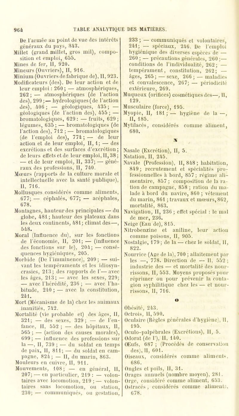 De l’année au point de vue des intérêts généraux du pays, 843. Millet (grand millet, gros mil), compo- sition et emploi, 655. Mines de fer, II, 920. Mineurs (Ouvriers), II, 916. Minium (Ouvriers de fabrique de), II, 923. Modificateurs (des). De leur action et de leur emploi ; 260; — atmosphériques, 262 ; — atmospliériques (de l’action des), 299;— hydrologiques (de l’action des), 406 ; — géologiques, 435; — géologiques (de l’action des), 455; — bromatologiques, 629: —fruits, 629; légumes, 635 ; — bromatologiques (de l’action des), 712 ; — bromatologiques (de l’emploi des), 774;— de leur action et de leur emploi, II, 1; — des excrétions et des surfaces d’excrétion ; de leurs effets et de leur emploi, II, 38 ; — et de leur emploi, II, 337; — géné- raux des professions, II, 740. Mœurs (l’apports de la culture morale et intellectuelle avec la santé publique), II, 716. Mollusques considérés comme aliments, 677; — céphalés, 677; — acéphales, 678. Montagnes, hauteur des principales — du globe, 481; hauteur des plateaux dans les deux continents, 481; climat des—, 548. Moral (Influence du), sur les fonctions de l’économie. II, 201; — (influence des fonctions sur le), 204; — consé- quences hygiéniques, 205. Morbide (De rimminence), 209; — sui- vant les tempéraments et les idiosyn- crasies, 213; des rapports de 1’—avec les âges, 213; — avec les sexes, 229; — avec l’hérédité, 236 ; — avec l’ha- bitude, 240 ;—avec la constitution, 241. Mort (Mécanisme de la) chez les animaux inanitiés, 742. Mortalité (vie proliable et) des âges, II, 321; — des sexes, 329; — de l’en- fance, II, 552 ; — des hôpitaux. II, 565 ; — (action des causes morales), 699; — influence des professions sur la—, II, 739 ; — du soldat en temps de paix, 11, 811; — du soldat en cam- pagne, 824 ; — II, du marin, 863. Mouleurs en cuivre, II, 911. Mouvements, 108; — en général. 11, 207; — en particulier, 219 : — volon- taires avec locomotion, 219;— volon- taires sans locomotion, ou station, 230; — comiuuuiqués, ou gestation. 233 ; — communiqués et volontaires, 241; — spéciaux, 246. De l’emploi hygiénique des diverses espèces de — 260 ; — précautions générales, 260;— conditions de l’individualité, 262; — tempérament, constitution, 262 ; — âges, 265; — sexe, 266 ; — maladies et convalescence, 267; — périodicité extérieure, 269. Muqueux (orifices) cosmétiques des—, 11, 129. Musculaire (force), 195. Myopie, II, 181; — hygiène de la —, II, 185. Mytüacés, considérés comme aliment, 680. iv Nasale (Excrétion), II, 5. Natation, II, 245. Navale (Profession), II, 848 ; habitation, 849; recrutement et spécialités pro- fessionnelles à bord, 857; régime ali- mentaire, 857 ; composition de la ra- tion de campagne, 858 ; ration du ma- lade à bord du navire, 860 ; vêtement du marin, 861 ; travaux et mœurs, 862, mortalité, 863. Navigation, II, 236 ; effet spécial : le mal de mer, 236. Neige (Eau de), 815. Nitrobenzine et aniline, leur action comme iioisons, II, 905. Nostalgie, 179; de la — chez le soldat. H, 822. Nourrice (Age de la), 700 ; allaitement par les —, 778. Direction de — II, 552 ; industrie des — et mortalité des nour- rissons, II, 553. Moyens proposés pour réprimer ou pour prévenir la conta- gion syphilitique chez les — et nour- rissons, II, 716. <» Obésité, 243. Octrois, 11, 590. Oculaire (Règles générales d’hygiène), 11, 195. Oculo-palpéhrales (Excrétions), 11, 5. Odorat (de 1’), II, 140. OEufs, 687 ; (Procédés de conservation des), II, 601. Oiseaux, considérés comme aliments, 686. Ongles et poils, 11, 31. Orages annuels (nombre moyen), 281. Orge, considéré comme aliment, 653. Oslracés, considérés comme alimeul.;. 678.