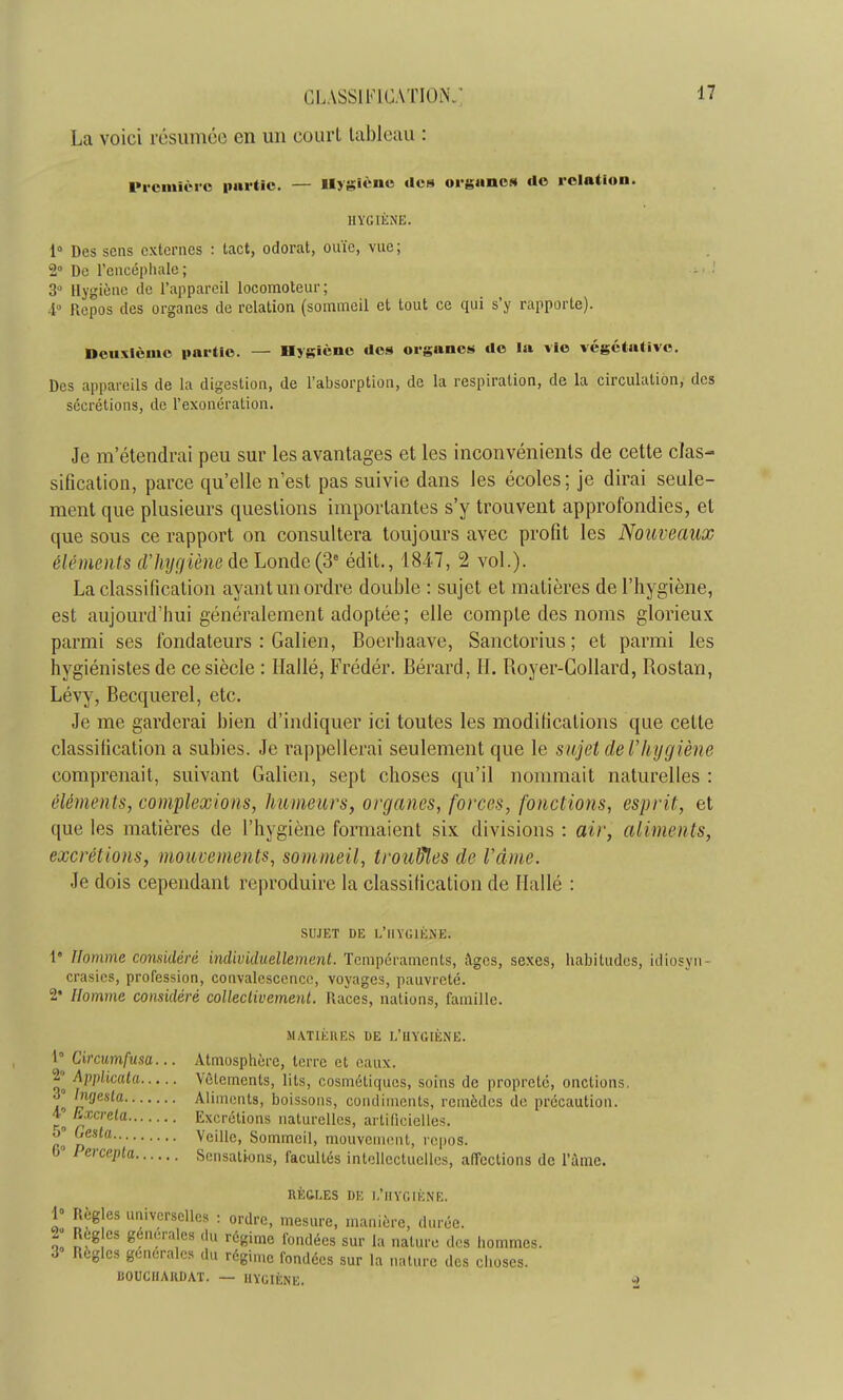 La voici résumée en un court tableau : Première partie. — Hygiène des organe» de relation. HYGIÈNE. 1° Des sens externes : tact, odorat, ouïe, vue; 2° De l'encéphale; 3° Hygiène île l'appareil locomoteur; 4° Repos des organes de relation (sommeil et tout ce qui s'y rapporte). Deuxième partie. — Hygiène des organes de la vie végétative. Des appareils de la digestion, de l'absorption, de la respiration, de la circulation, des sécrétions, de l'exonération. Je m'étendrai peu sur les avantages et les inconvénients de cette clas- sification, parce qu'elle n'est pas suivie dans les écoles; je dirai seule- ment que plusieurs questions importantes s'y trouvent approfondies, et que sous ce rapport on consultera toujours avec profit les Nouveaux cléments d'hygiène de Londe(3e édit., 1847, 2 vol.). La classification ayant un ordre double : sujet et matières de l'hygiène, est aujourd'hui généralement adoptée; elle compte des noms glorieux parmi ses fondateurs : Galien, Boerhaave, Sanctorius ; et parmi les hygiénistes de ce siècle : Hallé, Frédér. Bérard, H. Royer-Gollard, Rostan, Lévy, Becquerel, etc. Je me garderai bien d'indiquer ici toutes les modifications que celte classification a subies. Je rappellerai seulement que le sujet del'hygiène comprenait, suivant Galien, sept choses qu'il nommait naturelles : éléments, complexions, humeurs, organes, forces, fonctions, esprit, et que les matières de l'hygiène formaient six divisions : air, aliments, excrétions, mouvements, sommeil, troubles de l'âme. Je dois cependant reproduire la classification de Hallé : SUJET DE L'HYGIÈNE; l Homme considéré individuellement. Tempéraments, âges, sexes, habitudes, idiosyn- crasics, profession, convalescence, voyages, pauvreté. 2* Homme considéré collectivement. Races, nations, famille. MATIÈRES DE L'HYGIÈNE. 1 Circumfusa... Atmosphère, terre et eaux. 2° Applicata Vêtements, lits, cosmétiques, soins de propreté, onctions. *j° 'nfes'a Aliments, boissons, condiments, remèdes de précaution. V Excréta Excrétions naturelles, artificielles. jj° ^es'a Veille, Sommeil, mouvement,, repos. 6° Percepla Sensations, facultés intellectuelles, affections de l'âme. RÈGJ.ES DE L'HYGIÈNE. 1° Règles universelles : ordre, mesure, manière, durée. Z ^eg CS gen,;r;\les (1» régime fondées sur la nature des hommes. 3» Règles générales du régime fondées sur la nature des choses. BOUCIIAKDAT. — HYGIÈNE. »>