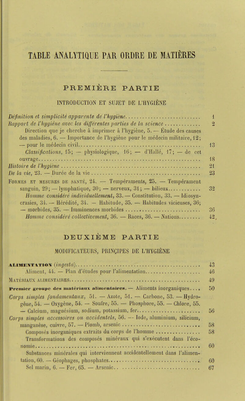 TABLE ANALYTIQUE PAR ORDRE DE MATIÈRES PREMIÈRE PARTIE INTRODUCTION ET SUJET DE L'HYGIÈNE Définition et simplicité apparente de l'hygiène 1 Rapport de l'hygiène avec les différentes parties de la science 2 Direction que je cherche à imprimer à l'hygiène, 5. — Étude des causes des maladies, 6. — Importance de l'hygiène pour le médecin militaire, 12 ; — pour le médecin civil 13 Classifications, 15; — physiologique, 16; — d'Halle, 17; — de cet ouvrage 18 Histoire de l'hygiène 21 De la vie, 23. — Durée de la vie 23 Formes et mesures de santé, 24.. — Tempéraments, 25. — Tempérament sanguin, 29; — lymphatique, 30; — nerveux, 31 ; — bilieux 32 Homme considéré individuellement, 33.— Constitution, 33. — ldiosyn- crasies, 34. — Hérédité, 34. — Habitude, 35. — Habitudes vicieuses, 36; — morbides, 35. — Imminences morbides 36 Homme considéré collectivement, 36. — Races, 36. — Nations 42, DEUXIÈME PARTIE MODIFICATEURS, PRINCIPES DE L'HYGIÈNE AMME\Tvno\ (ingesta) 43 Aliment, 44. — Plan d'études pour l'alimentation 46 Matériaux alimentaires » 49 Premier groupe des matériaux alimentaires. — Aliments inorganiques. ... 50 Corps simples fondamentaux, 51. —Azote, 51. — Carbone, 53. —Hydro- gène, 54. — Oxygène, 54. — Soufre, 55. — Phosphore, 55. — Chlore, 55. — Calcium, magnésium, sodium, potassium, fer 56 Corps simples accessoires ou accidentels, 56. — Iode, aluminium, silicium, manganèse, cuivre, 57. — Plomb, arsenic 58 Composés inorganiques extraits du corps de l'homme 58 Transformations des composés minéraux qui s'exécutent dans l'éco- nomie - 60 Substances minérales qui interviennent accidentellement dans l'alimen- tation, 60. — Géophages, phosphates 60