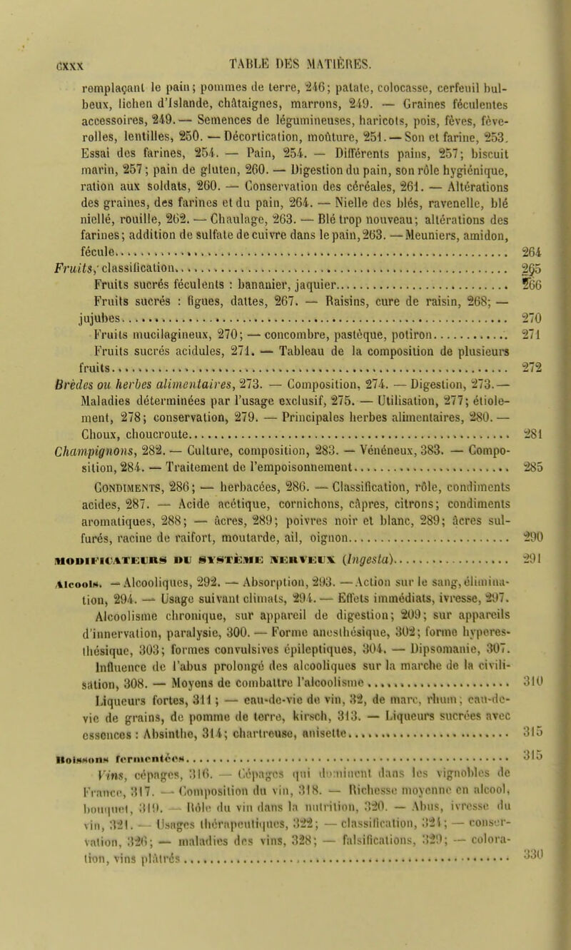 r,xxx remplaçant le pain; pommes de terre, 246; patate, colocasse, cerfeuil bul- beux, lichen d'Islande, châtaignes, marrons, 249. — Graines féculentes accessoires, 249.— Semences de légumineuses, haricots, pois, fèves, fève- rolles, lentilles, 250. — Décortication, moûture, 251. —Son cl farine, 253. Essai des farines, 254. — Pain, 254. — Différents pains, 257; biscuit marin, 257 ; pain de gluten, 200. — Digestion du pain, son rôle hygiénique, ration aux soldats, 260. — Conservation des céréales, 261. — Altérations des graines, des farines et du pain, 264. — Nielle des blés, ravenelle, blé niellé, rouille, 262. — Chauhige, 263. — Blé trop nouveau; altérations des farines; addition de sulfate de cuivre dans le pain, 263. —Meuniers, amidon, fécule » 264 Fruits,' classification* 265 Fruits sucrés féculents : banauier, jaquier f66 Fruits sucrés : figues, dattes, 267. — Raisins, cure de raisin, 268; — jujubes 270 Fruits mucilagineux, 270; — concombre, pastèque, potiron '. 271 Fruits sucrés acidulés, 271. — Tableau de la composition de plusieurs fruits... 272 Brèdes ou herbes alimentaires, 273. — Composition, 274. — Digestion, 273.— Maladies déterminées par l'usage exclusif, 275. — Utilisation, 277; étale- ment, 278; conservation, 279. — Principales herbes alimentaires, 280.— Choux, choucroute 281 Champignons, 282. — Culture, composition, 283. — Vénéneux, 383. — Compo- sition, 284. — Traitement de l'empoisonnement 285 Condiments, 286; — herbacées, 286. —Classification, rôle, comliments acides, 287. — Acide acétique, cornichons, câpres, citrons; condiments aromatiques, 288; — acres, 289; poivres noir el blanc, 289; ûcres sul- furés, racine de raifort, moutarde, ail, oignon 290 moihi'k h* »u iïSTKMi; niohveix (Ingesta) 291 Alcool*. ^Alcooliques, 292. — Absorption, 203. —Action sur le sang, élimina- tion, 294. — Usage suivant climats, 994.<— Effets immédiats, ivresse, 297. Alcoolisme chronique, sur appareil de digestion; 209; sur appareils d'innervation, paralysie, 300. — Forme aneslhésique, 302; forme hvperes- lliésique, 303; formes convulsives épilcptiques, 304. — Dipsomanie, 307. Influence de l'abus prolongé des alcooliques sur la marche de la civili- sation, 308. — Moyens de combattre l'alcoolisme 310 Liqueurs fortes, 311 ; — eau-dc-vic de vin, 32, de marc, rhum; ean-de- vie de grains, de pomme de terre, kirsch, 313. — Liqueurs sucrées avec essences : Absinthe, 314; chartreuse, aniselte 315 IloiMMon* fermentée* 3lo Vins, cépages, 816. — Cépages qui dominent dans les vignobles de France, 317. — Composition du vin, 31K. — Richesse moyenne en alcool, bouipmt, 310. Rôle du vin dans la nutrition, 320. — Abus, ivresse du vin, 321. — Usages thérapeutiques, 322; — classification, 321; - COBSer- valion, 326; — maladies des vins, 328; — falsifications, 329; -- colora-
