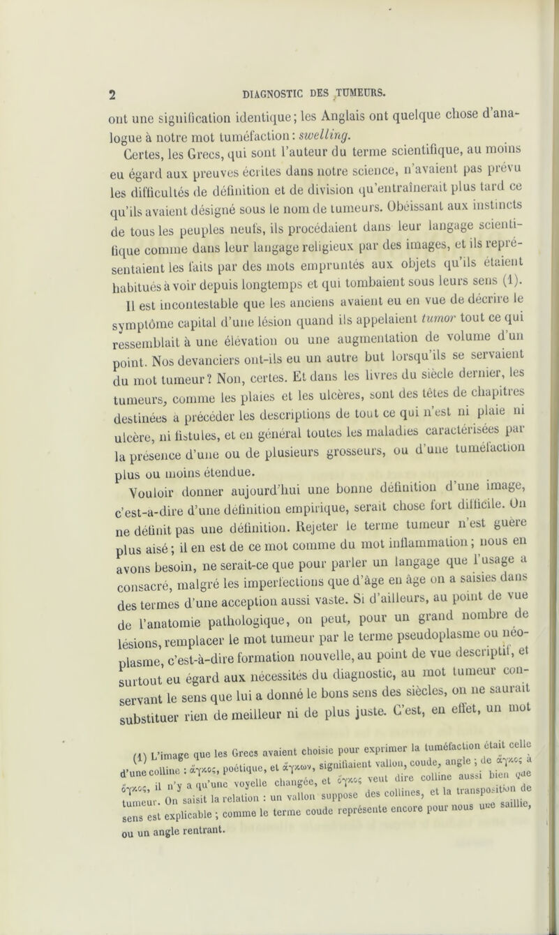 ont une signUicalion identique; les Anglais ont quelque chose d ana- logue à notre mot tuméfaction: Certes, les Grecs, qui sont l’auteur du terme scientifique, au moins eu égard aux preuves écrites dans notre science, n’avaient pas prévu les diflicultés de déünitioii et de division qu’entraînerait plus tard ce qu’ils avaient désigné sous le nom de tumeurs. Obéissant aux instincts de tous les peuples neuts, ils procédaient dans leur langage scienli- lique comme dans leur langage religieux par des images, et ils repré- sentaient les faits par des mots empruntés aux objets qu ils étaient habitués à voir depuis longtemps et qui tombaient sous leurs sens (1). 11 est incontestable que les anciens avaient eu en vue de décrire le symptôme capital d’une lésion quand ils appelaient tumor tout ce qui ressemblait à une élévation ou une augmentation de volume d un point. Nos devanciers ont-ils eu un autre but lorsqu’ils se servaient du mot tumeur? Non, certes. Et dans les livres du siècle dernier, les tumeurs, comme les plaies et les ulcères, sont des têtes de chapitres destinées a précéder les descriptions de tout ce qui n’est m plaie ni ulcère, ni listules, et en général toutes les maladies caractérisées par la présence d’une ou de plusieurs grosseurs, ou d’une tumelaction plus ou moins étendue. Vouloir donner aujourd’hui une bonne détinition d’une image, c’est-a-dire d’une déünilion empirique, serait chose tort dillicile. On nedétinitpas une détinition. Rejeter le terme tumeur n est gueie plus aisé ; il en est de ce mot comme du mot intlammation ; nous en avons besoin, ne serait-ce que pour parler un langage que l’usage a consacré, malgré les imperfections que d’àge en âge on a saisies dans des termes d’une acception aussi vaste. Si d’ailleurs, au point de vue de l’anatoime pathologique, on peut, pour un grand nombre de lésions, remplacer le mot tumeur par le terme pseudoplasme ou néo- plasme, c’est-à-dire formation nouvelle, au point de vue descriptil, et Lrtout eu égard aux nécessites du diagnostic, au mot tumeur con- servant le sens que lui a donné le bons sens des siècles, on ne saurait substituer rien de meilleur ni de plus juste. C’est, eu etiet, un mot (IJ L’image que les Grecs avaient choisie pour exprimer la tuméfac ion était ce a>uneCO L : a'-;, poétique, et signifiaient vallon, coude, angle ; de a rv alu’mic voyelle changée, et veut dire colline aussi bien ,ae mnmùr. On saisit la relation : un vallon suppose des collines, et la Is est explicable ; comme le terme coude représente encore pour nous une saillie, ou un angle rentrant.