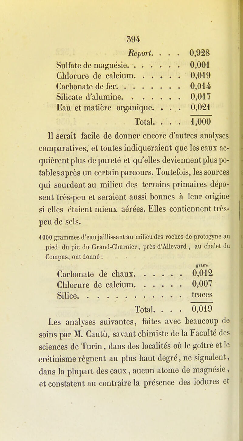 Report. . . . 0,928 Sulfate de magnésie 0,001 Chlorure de calcium 0,019 Carbonate de fer 0,014 Silicate d'alumine 0,017 Eau et matière organique. . . . 0,021 Total. . . . 1,000 11 serait facile de donner encore d'autres analyses comparatives, et toutes indiqueraient que les eaux ac- quièrent plus de pureté et qu'elles deviennent plus po- tables après un certain parcours. Toutefois, les sources qui sourdent au milieu des terrains primaires dépo- sent très-peu et seraient aussi bonnes à leur origine si elles étaient mieux aérées. Elles contiennent très- peu de sels. i 000 grammes d'eau jaillissant au milieu des roches de protogyne au pied du pic du Grand-Charnier, près d'AUevard , au chalet du Compas, ont donné : gram* Carbonate de chaux 0,012 Chlorure de calcium 0,007 Silice traces Total. . . . 0,019 Les analyses suivantes, faites avec beaucoup de soins par M. Cantù, savant chimiste de la Faculté des sciences de Turin, dans des localités où le goitre et le crétinismerégnent au plus haut degré, ne signalent, dans la plupart des eaux, aucun atome de magnésie, et constatent au contraire la présence des iodures et