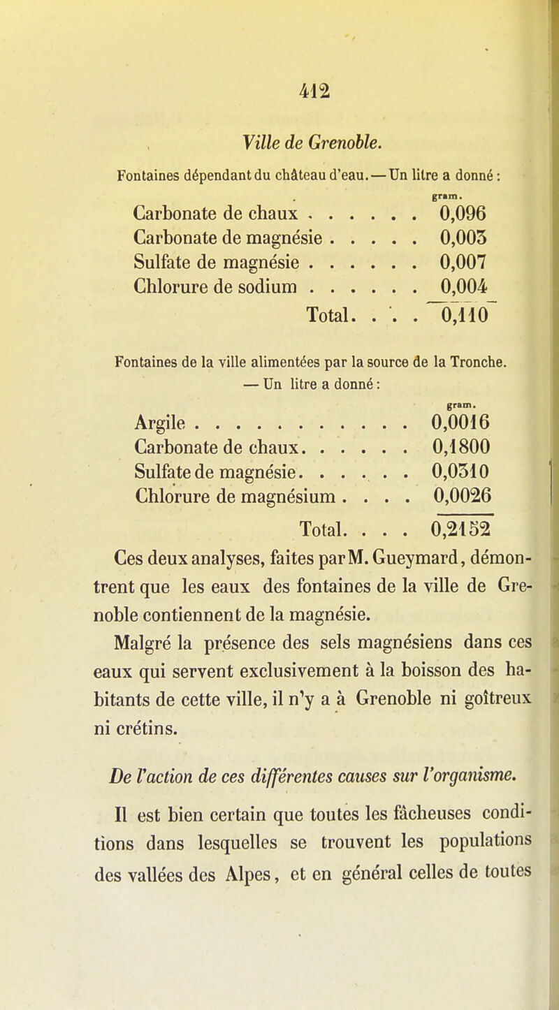 Ville de Grenoble. Fontaines dépendant du château d'eau.—Un litre a donné : grim. Carbonate de chaux 0,096 Carbonate de magnésie 0,005 Sulfate de magnésie 0,007 Chlorure de sodium 0,004 Total. . ■. . 0,110 Fontaines de la ville alimentées par la source de la Tronche. — Un litre a donné : gram. Argile 0,0016 Carbonate de chaux 0,1800 Sulfate de magnésie. . . . • • 0,0510 Chlorure de magnésium .... 0,0026 Total. . . . 0,2152 Ces deux analyses, faites par M. Gueymard, démon- trent que les eaux des fontaines de la ville de Gre- noble contiennent de la magnésie. Malgré la présence des sels magnésiens dans ces eaux qui servent exclusivement à la boisson des ha- bitants de cette ville, il n'y a à Grenoble ni goitreux ni crétins. De Vaction de ces différentes causes sur l'organisme. Il est bien certain que toutes les fâcheuses condi- tions dans lesquelles se trouvent les populations des vallées des Alpes, et en général celles de toutes