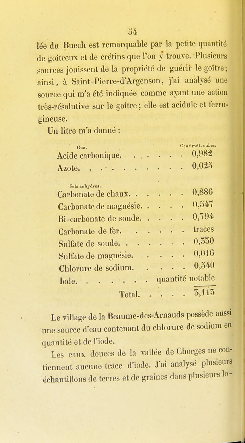 lée du Buech est remarquable par la petite quantité de goitreux et de crétins que Ton y trouve. Plusieurs sources jouissent de la propriété de guérir le goitre; ainsi, à Saint-Pierre-d'Argenson, j'ai analysé une source qui m'a été indiquée comme ayant une action très-résolutive sur le goitre ; elle est acidulé et ferru- gineuse. Un litre m'a donné : Qi^x. Cenlimèt. cubes. Acide carbonique 0,982 Azote. . 0,025 Sels anhydres. Carbonate de chaux 0,886 Carbonate de magnésie 0,547 Bi-carbonate de soude. .... 0,794 Carbonate de fer. ..... traces Sulfate de soude 0,550 Sulfate de magnésie 0,016 Chlorure de sodium 0,540 Iode. . . . . . • quantité notable Total. . . . . 3,115 Le village de la Beaume-des-Arnauds possède aussi une source d'eau contenant du chlorure de sodium en quantité et de l'iode. Les eaux douces de la vallée de Chorges ne con- tiennent aucune trace d'iode. J^ai analysé plusieurs échantillons de terre» et de graines dans plusieurs le-