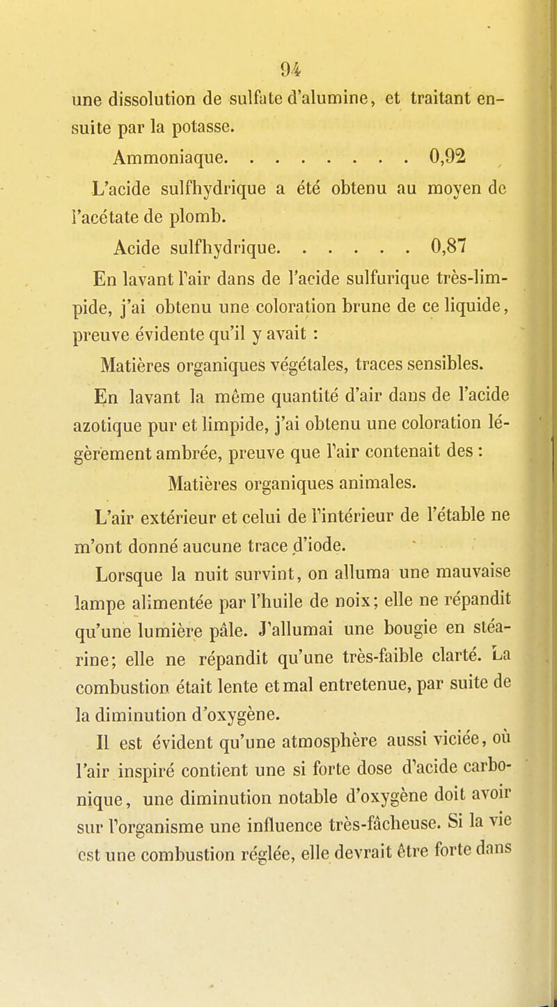 une dissolution de sulfate d'alumine, et traitant en- suite par la potasse. Ammoniaque 0,92 L'acide sulfhydrique a été obtenu au moyen de l'acétate de plomb. Acide sulfhydrique 0,87 En lavant Pair dans de l'acide sulfurique très-lim- pide, j'ai obtenu une coloration brune de ce liquide, preuve évidente qu'il y avait : Matières organiques végétales, traces sensibles. ^In lavant la même quantité d'air dans de l'acide azotique pur et limpide, j'ai obtenu une coloration lé- gèrement ambrée, preuve que Tair contenait des : Matières organiques animales. L'air extérieur et celui de l'intérieur de l'étable ne m'ont donné aucune trace d'iode. Lorsque la nuit survint, on alluma une mauvaise lampe alimentée par l'huile de noix; elle ne répandit qu'une lumière pâle. J'allumai une bougie en stéa- rine; elle ne répandit qu'une très-faible clarté. La combustion était lente et mal entretenue, par suite de la diminution d'oxygène. Il est évident qu'une atmosphère aussi viciée, où l'air inspiré contient une si forte dose d'acide carbo- nique , une diminution notable d'oxygène doit avou- sur l'organisme une influence très-fâcheuse. Si la vie est une combustion réglée, elle devrait être forte dans